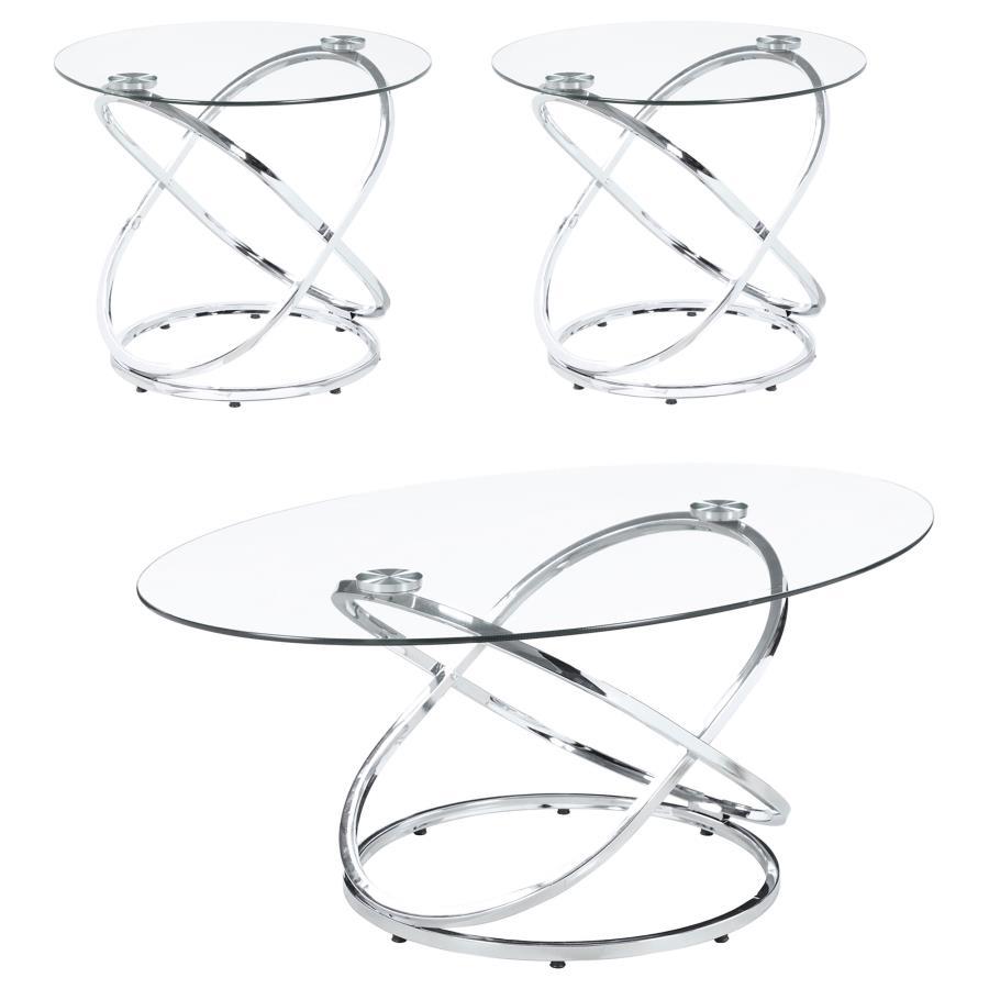 Warren - 3 Piece Oval Glass Top Coffee Table Set - Chrome CoasterEssence