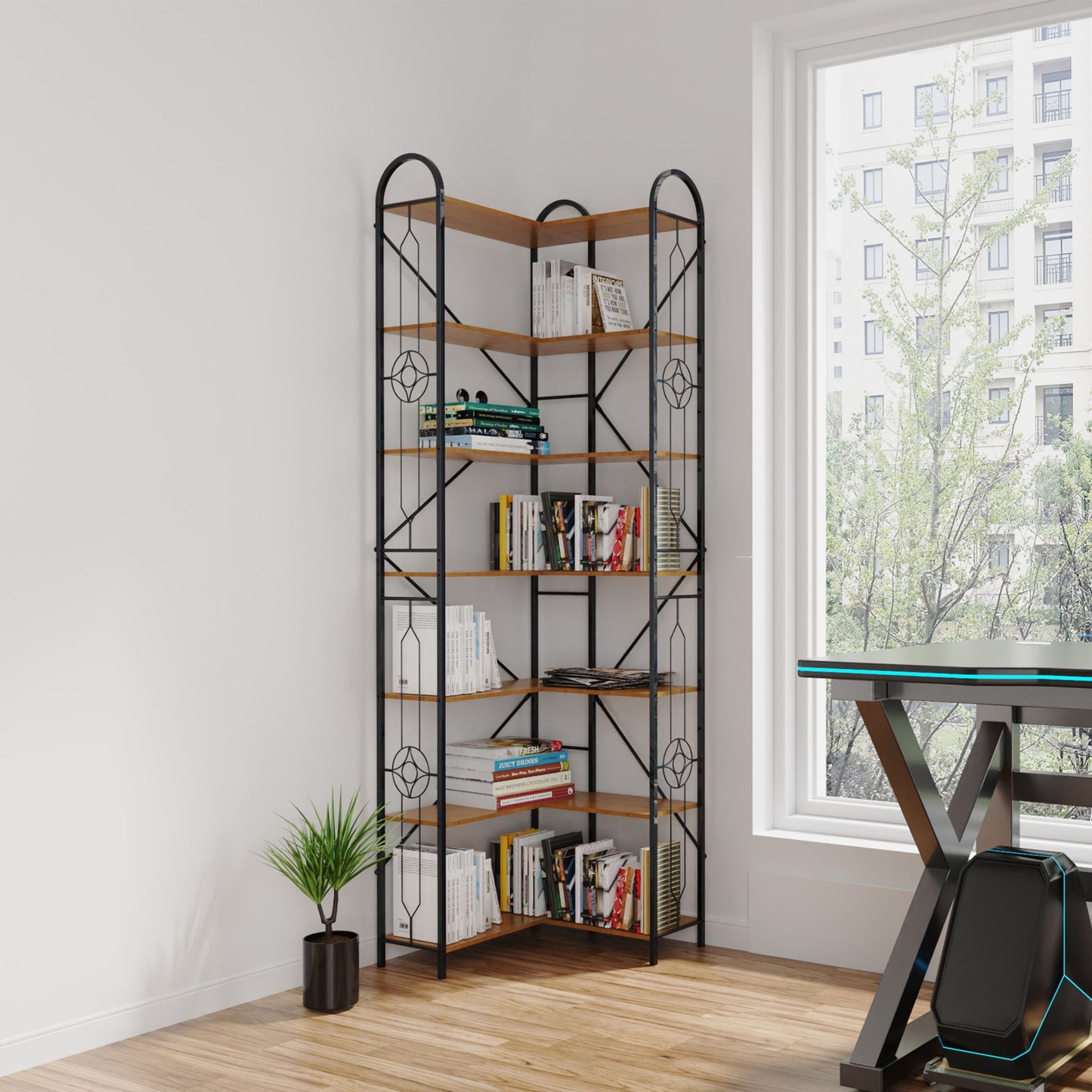Industrial Style Corner Bookshelf With Thickened Iron Frame Home Essentials