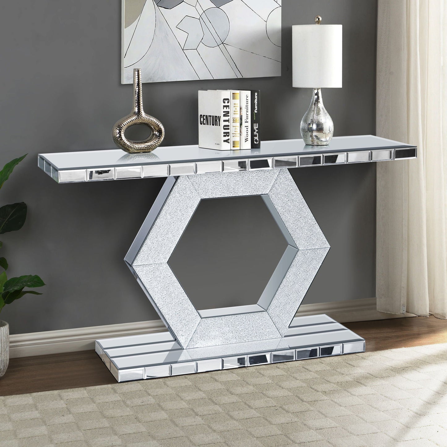 Sparkling Crystal Hexagon Mirror Entryway Premium Modern Foyer Console Table With Diamond Glass Effects, Dual Tier Luxury Sofa Table - Silver Home Essentials