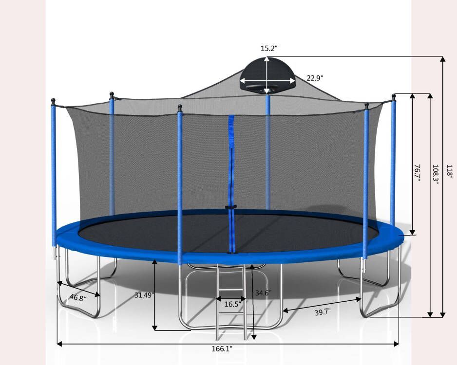 14Ft Trampoline For Adults & Kids With Basketball Hoop, Outdoor Trampolines With Ladder And Safety Enclosure Net For Kids And Adults - Blue Daily Nest