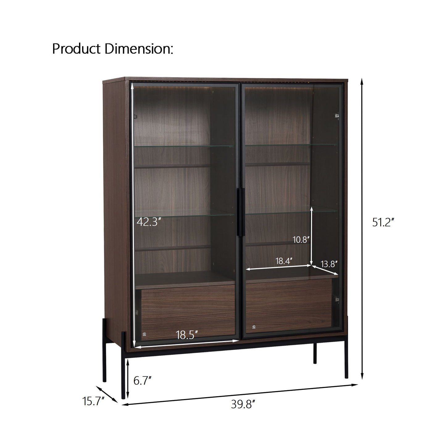 Modern Minimalist Style LED Curio Cabinet With Tempered Glass Door, Metal Legs Hearth and Haven