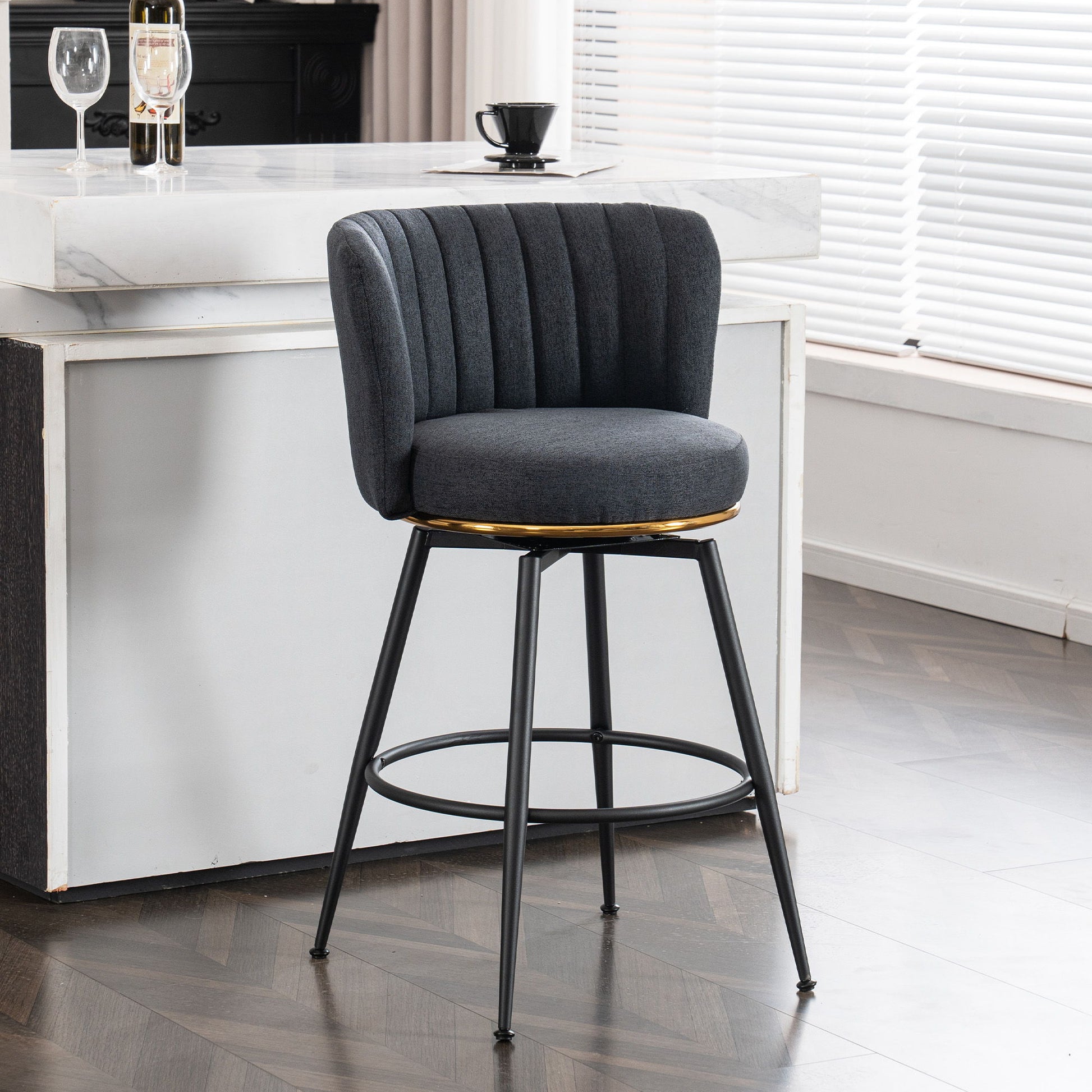 Swivel Bar Stools, High-Back, Adjustable, Upholstered With Elegant Metal Back Accents For Kitchen, Bar, Or Dining Room (Set of 2) Home Essentials