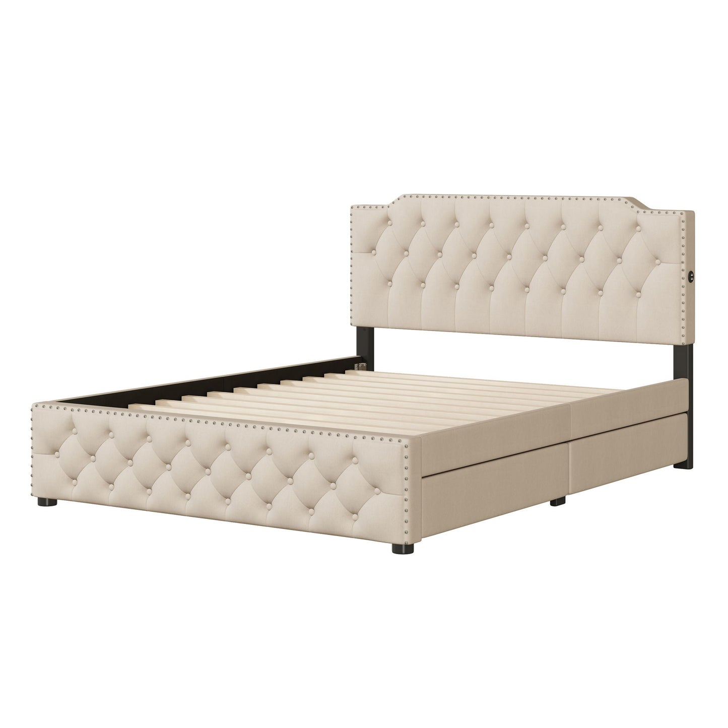 Upholstered Platform Bed With 2 Drawers And 2 Sets Of USB Ports On Each Side, Linen Fabric Halcyon Home