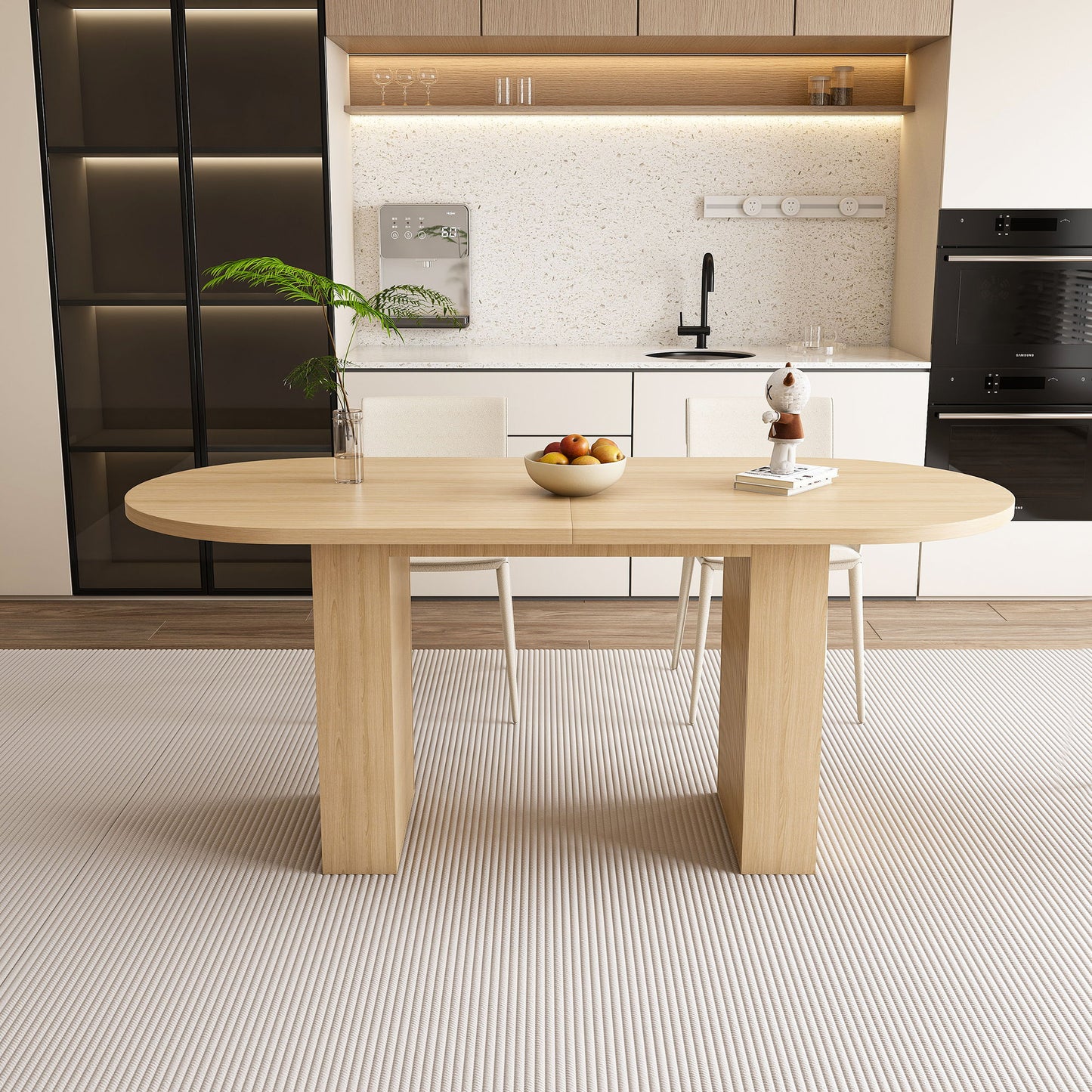 Oval Dining Table For 6 People With Wood Strip Base - Burly Wood Home Essentials