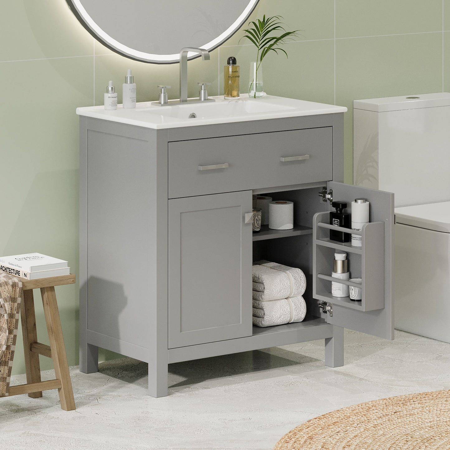 Bathroom Vanity With Ceramic Sink, Modern Single Bathroom Cabinet With 2 Doors And A Shelf, Soft Close Doors Hearth and Haven