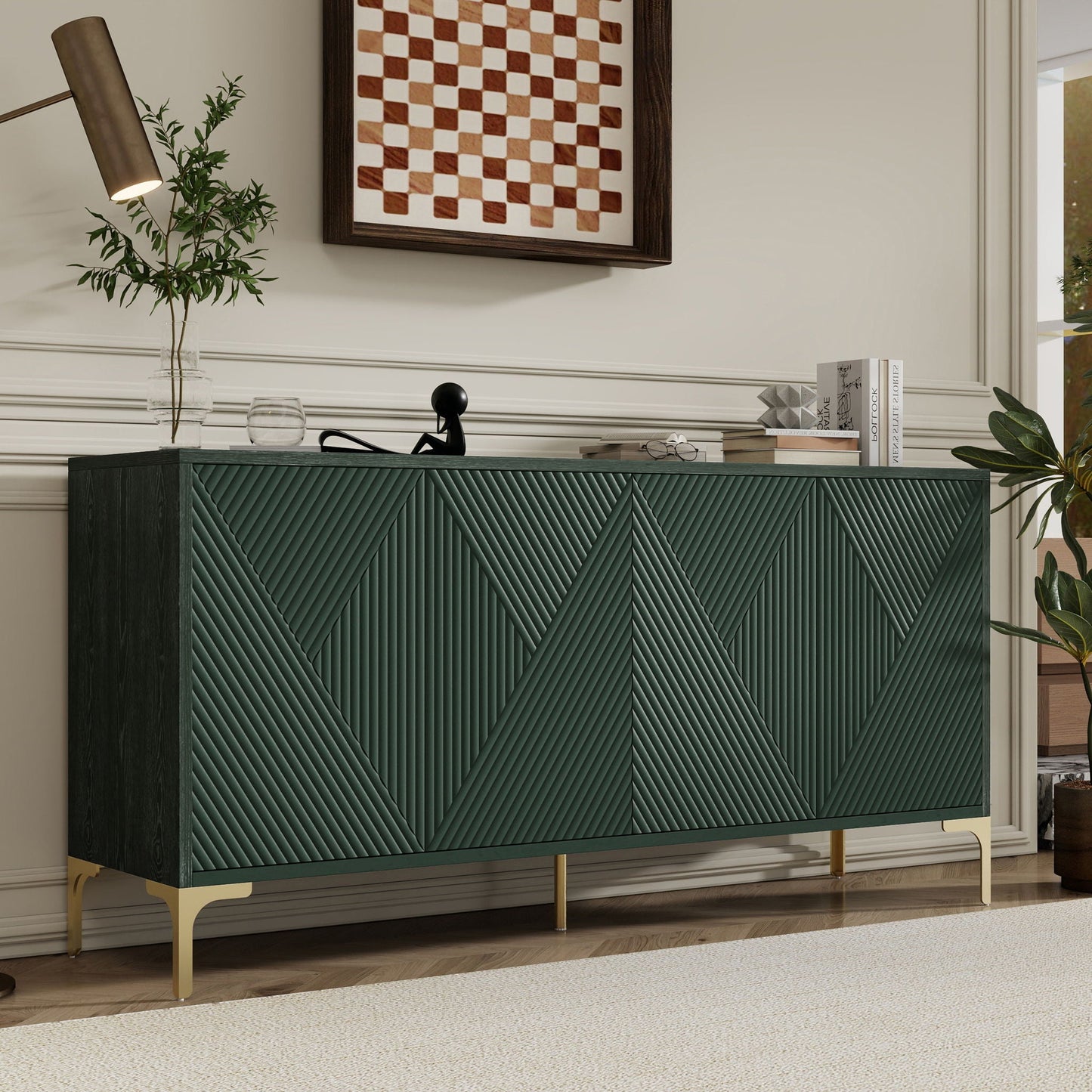 Modern Wood Sideboard Cabinet With Carved Door Panels, Adjustable Shelves, And Sturdy Metal Legs Home Essentials