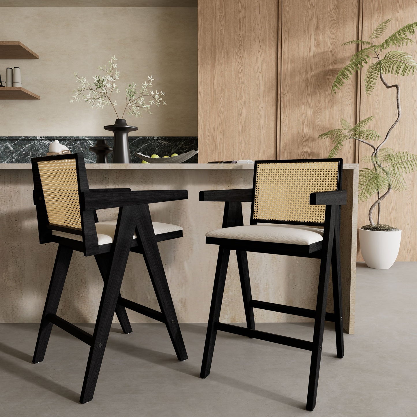 Woven Cane Plastic Backrest Bar Stool Foam Padded Fabric Seat & Durable Rubberwood Frame - Cream Gray Noble House
