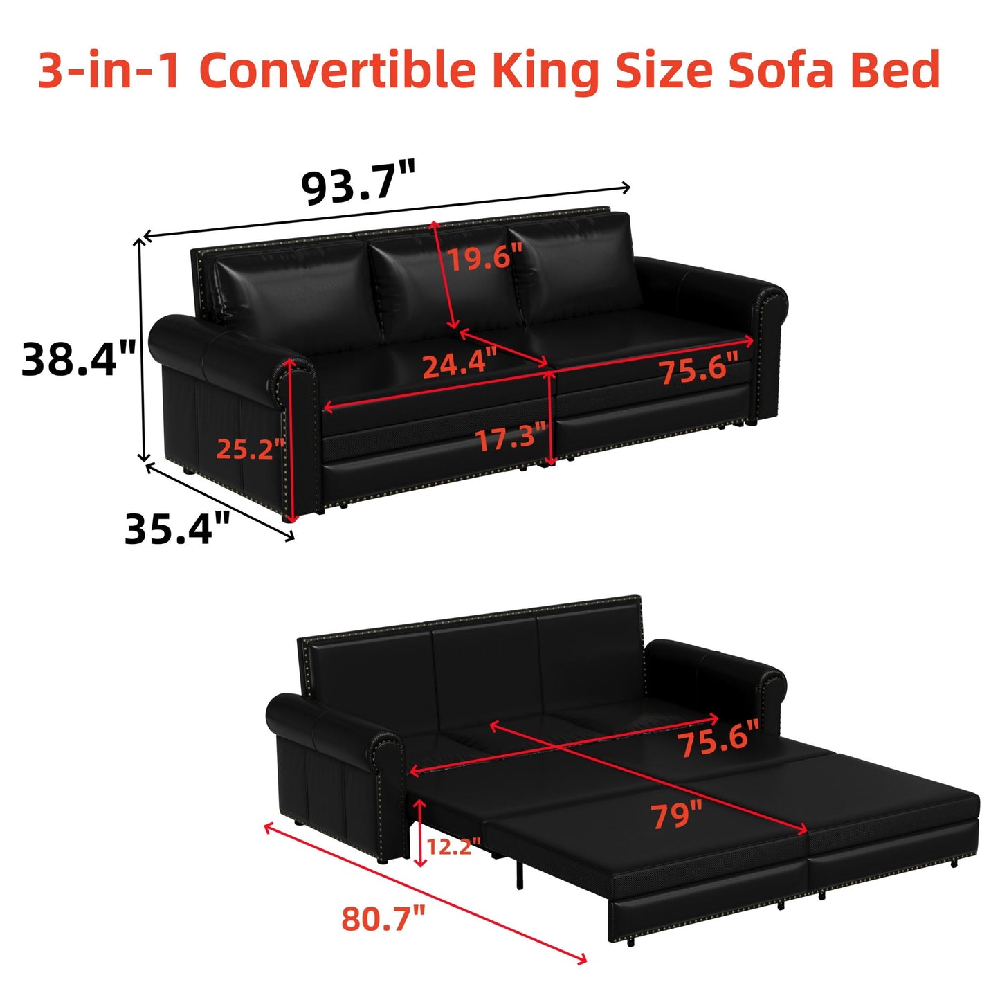 3 In 1 Convertible Sleeper Sofa With Nailhead Trim & Rolled Arm Home Essentials