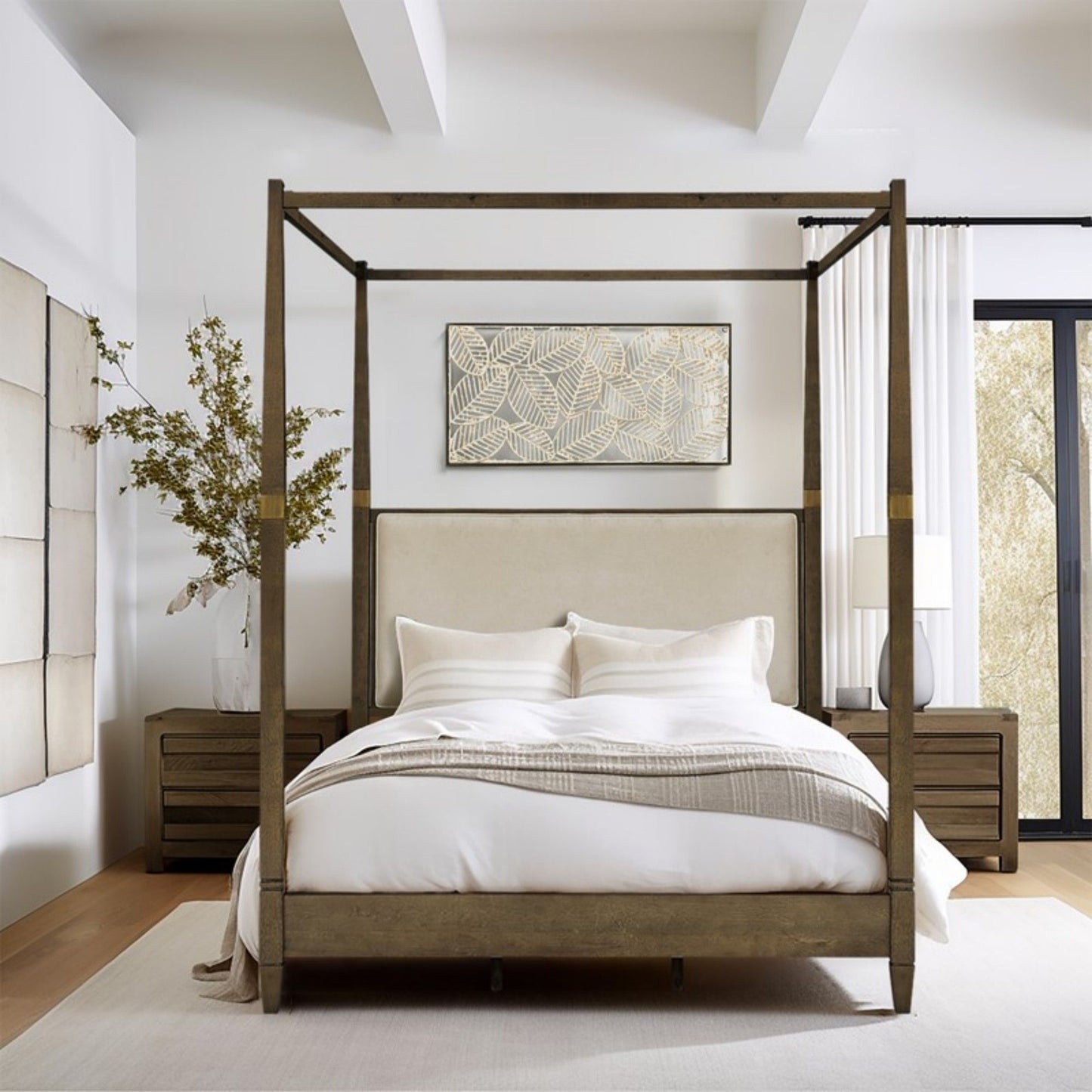 Queen Canopy Bed Frame With Upholstered Headboard - Brown JLA
