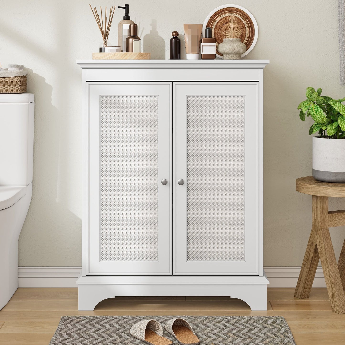 White 2 Door Rattan Storage Cabinet With Adjustable Partition, Medieval Modern Independent Buffet Cabinet, Multifunctional Decorative Cabinet Suitable For Living Room, Kitchen, Bathroom - White Home Essentials