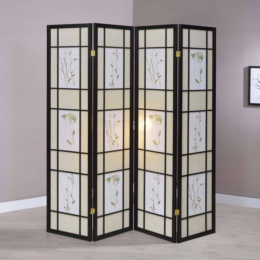Catabella - 4-Panel Room Divider Folding Shoji Screen Floral - Black CoasterEveryday