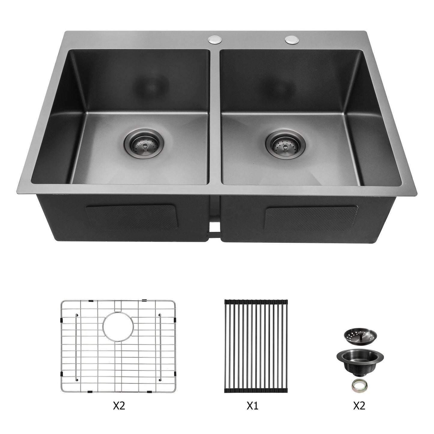 Double Bowl Drop In Kitchen Sink 33" X 22" With 16 Gauge Stainless Steel And 2 10" Deep Basins - Gunmetal Black Daily Nest