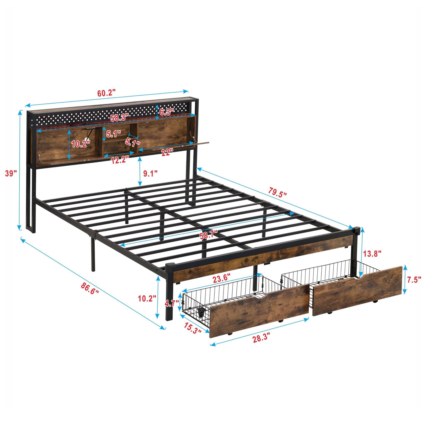 Modern Platform Bed, USB Charging Station, 2 Drawers, LED Lights Home Essentials