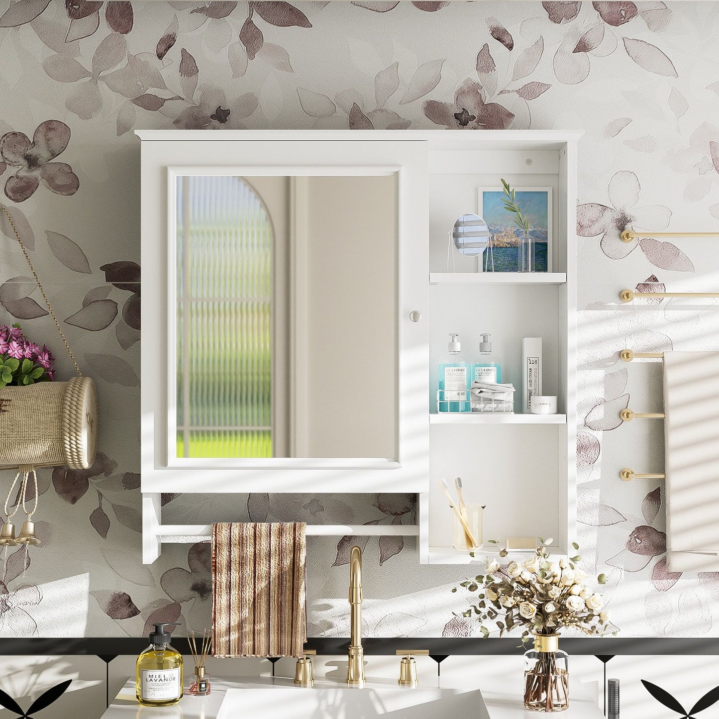 Wall Mounted Bathroom Storage Cabinet, Medicine Cabinets With Large Mirror Door, Adjustable Shelves And Three Open Storage Levels(Not Include Bathroom Vanity) Hearth and Haven