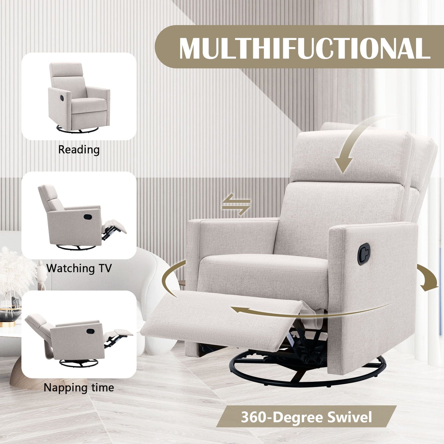 Modern Upholstered Rocker Nursery Chair Plush Seating Glider Swivel Recliner Chair Hearth and Haven