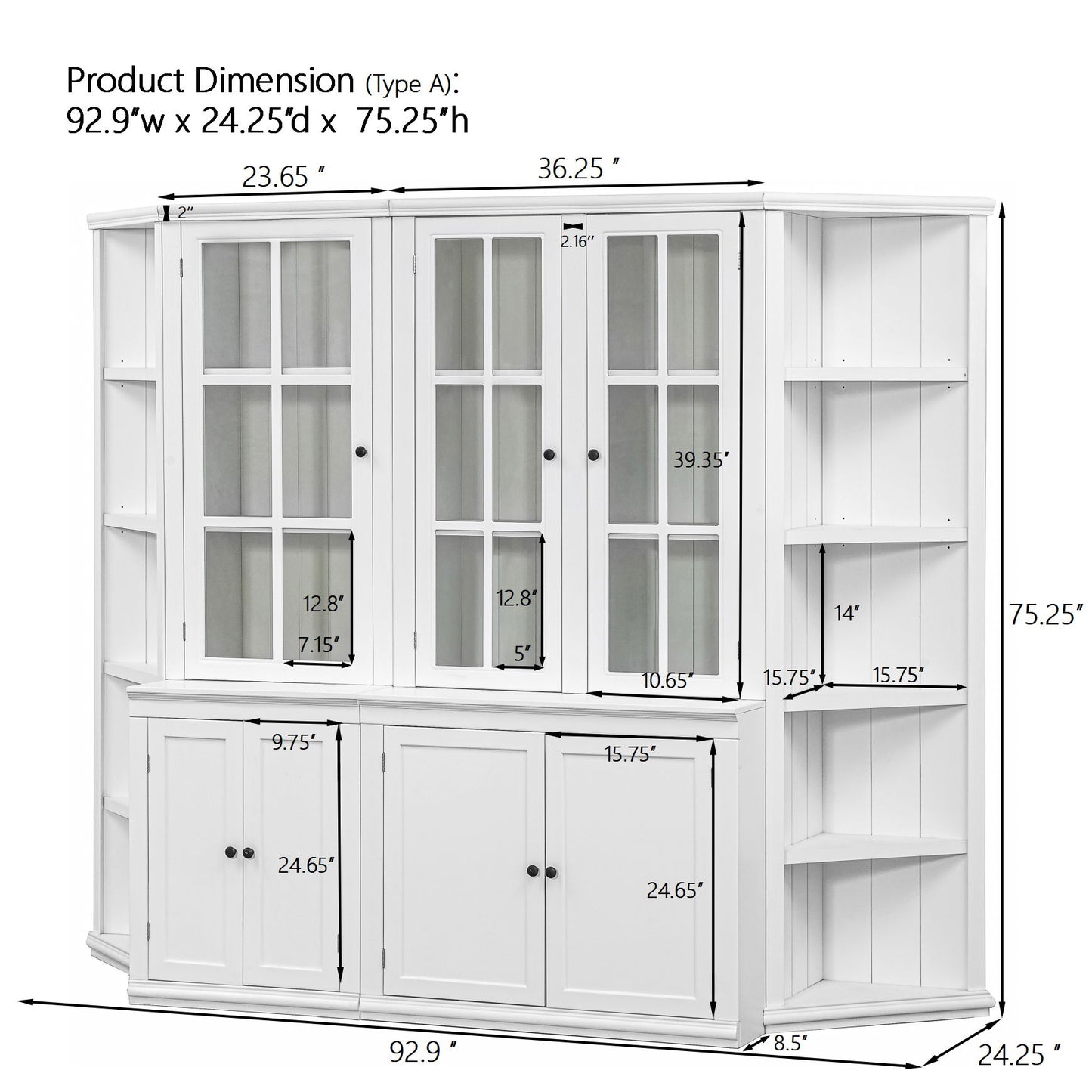 Retro Style Wall Suit With Glass Doors, 75.25" Tall Display Cabinets & Triangle Sided Bookshelves - White Hearth and Haven