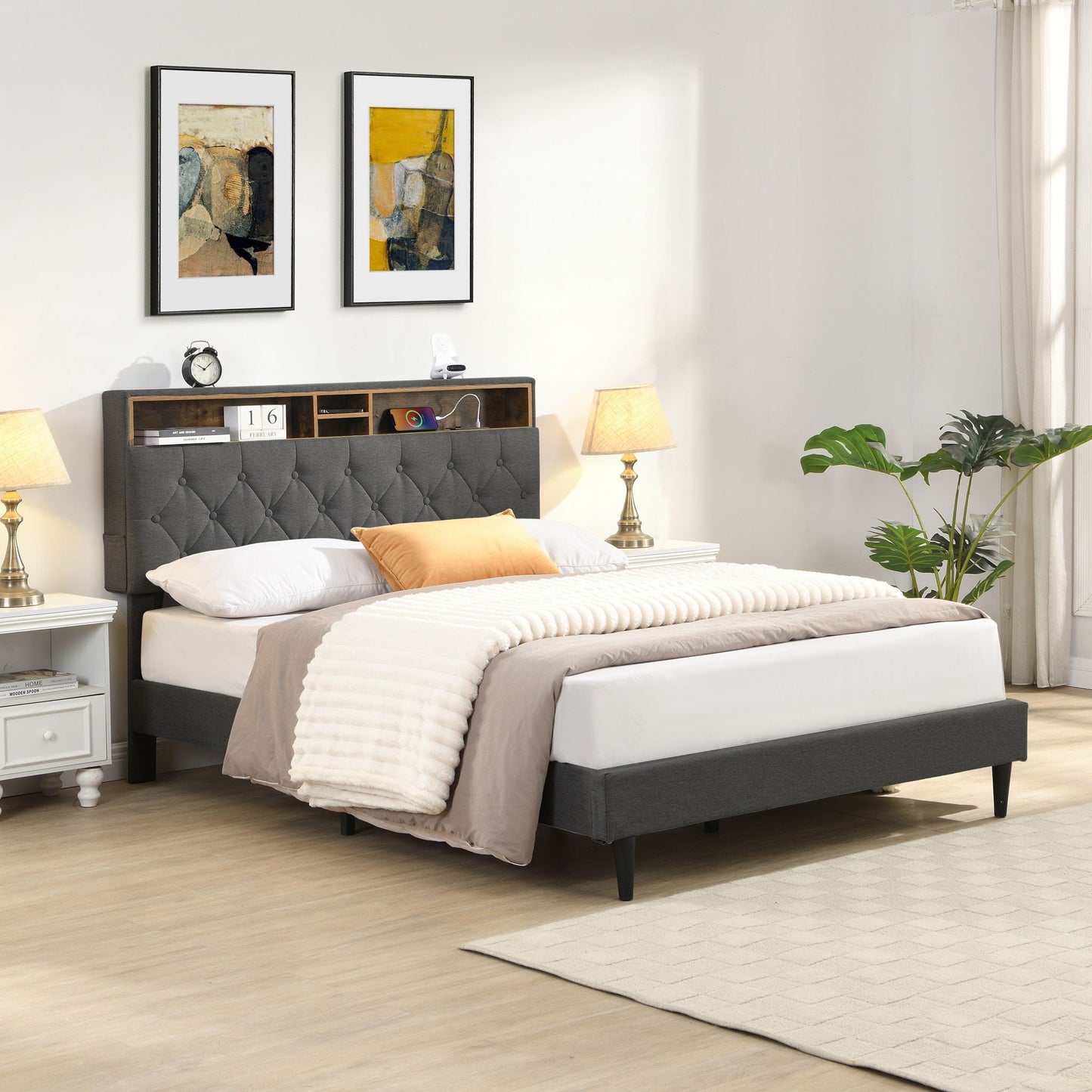 Modern Upholstered Platform Bed Frame With Button Tufted Headboard And USB Ports Home Essentials