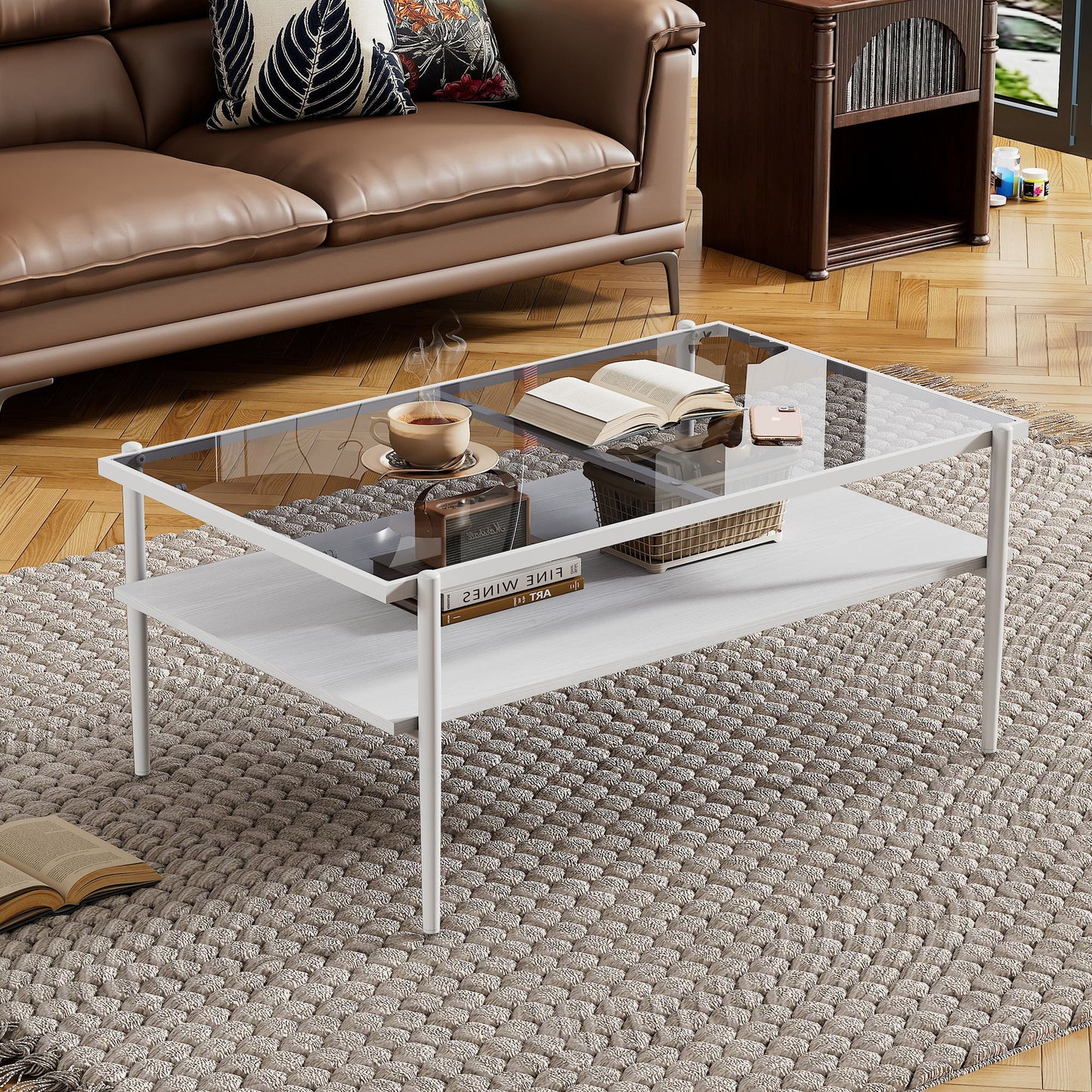 Rectangle Coffee Table With Tempered Glass Top And White Legs, Modern Table For Living Room Home Essentials