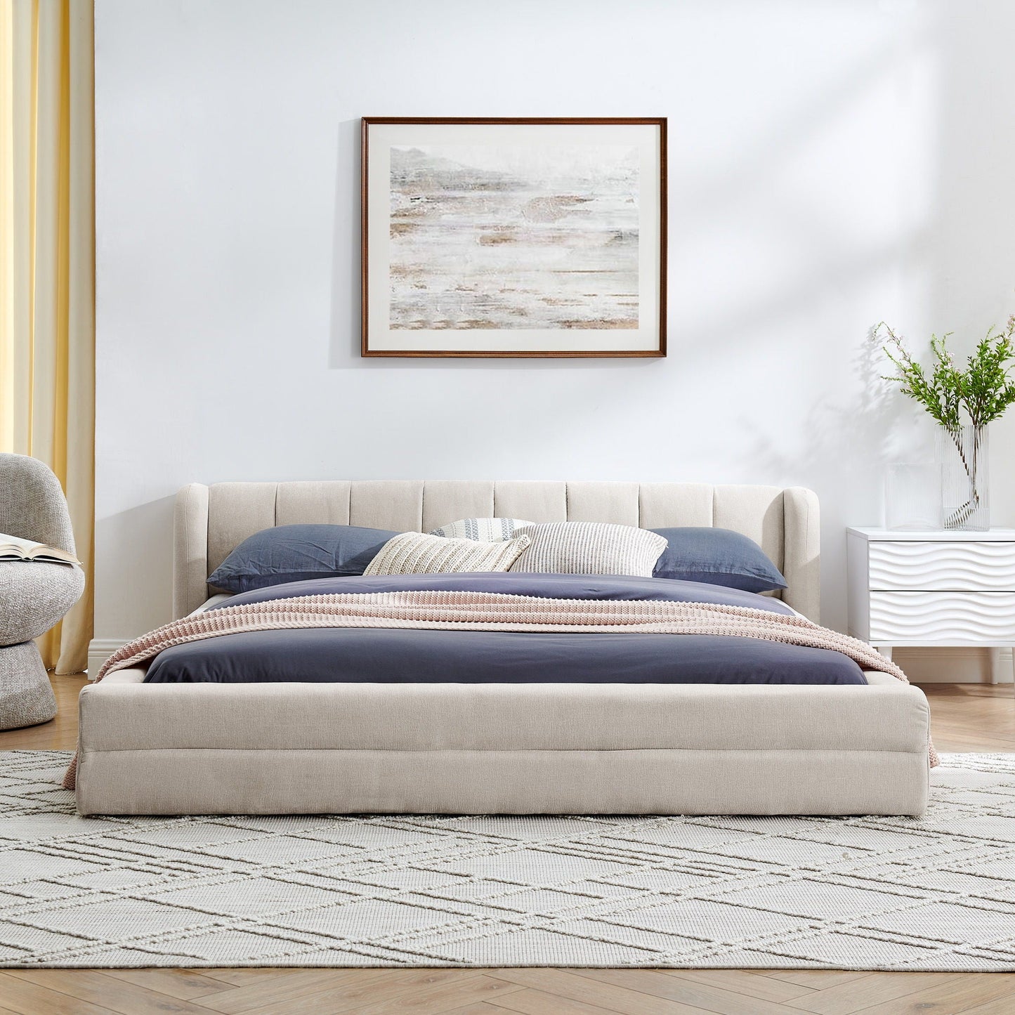 Modern Upholstered Bed Frame With Thick Chenille Fabric And Headboard Home Essentials