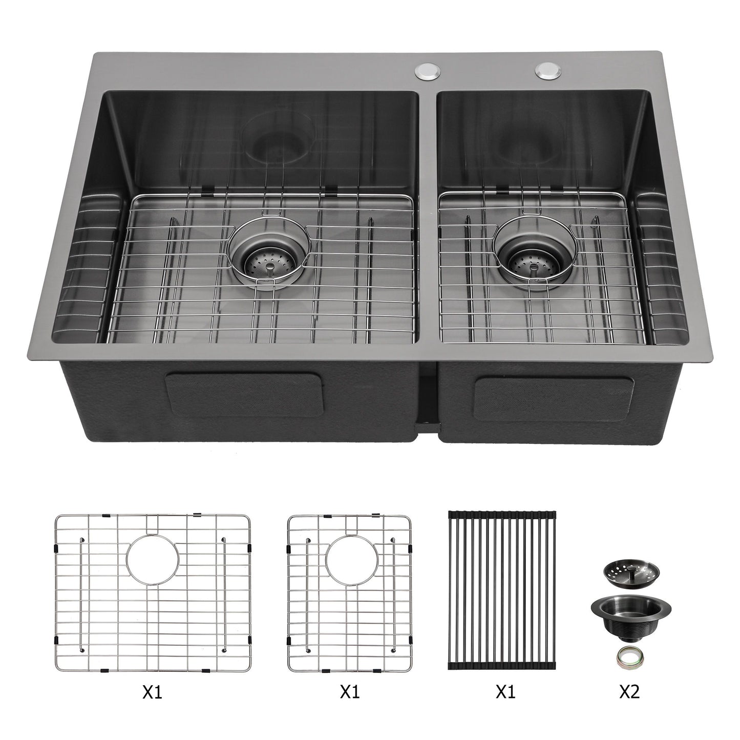 Double Bowl Kitchen Sink 16 Gauge 33" X 22" With 2 10" Deep Basins - Gunmetal Black Daily Nest