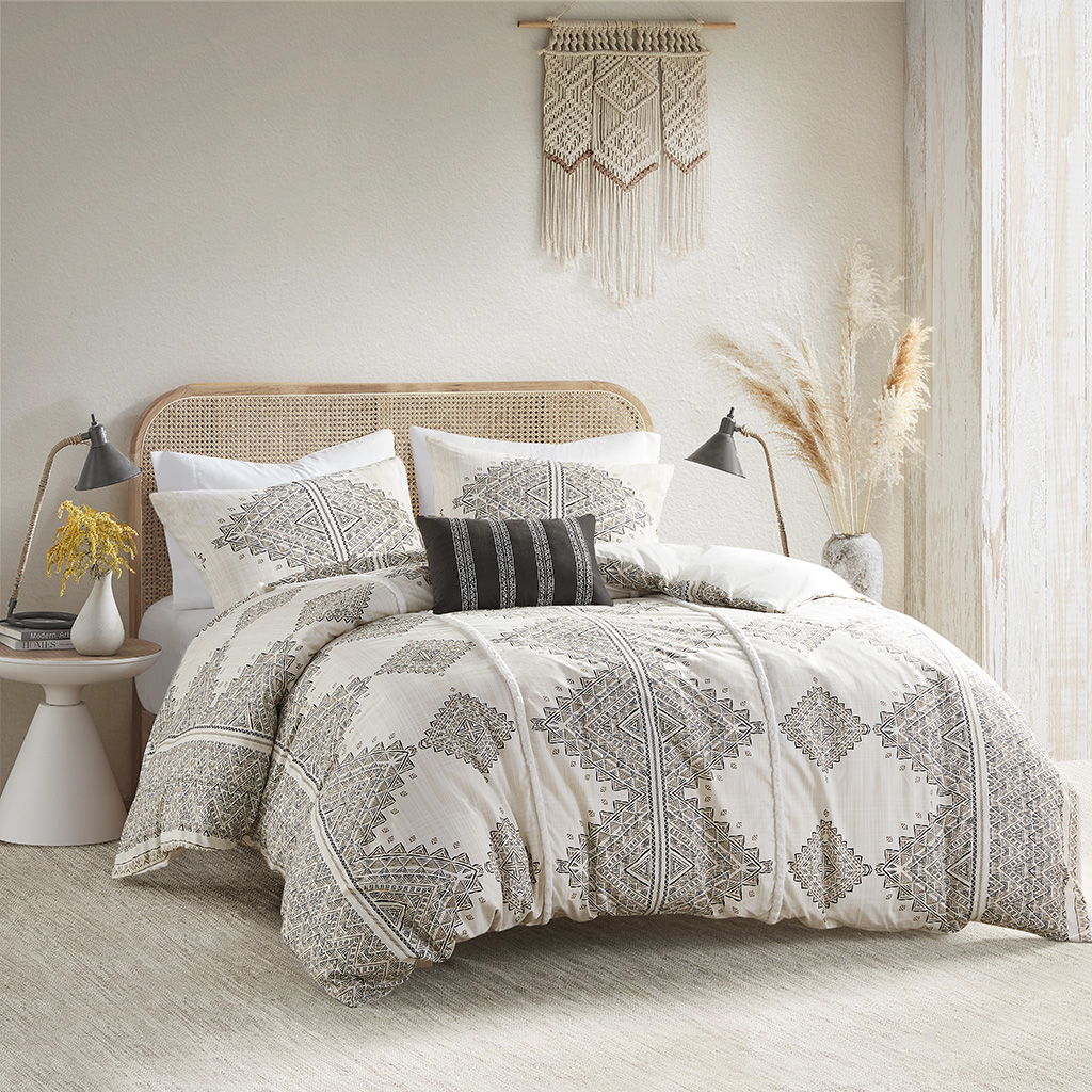 Ibiza - 4 Piece Printed Duvet Cover Set With Throw Pillow - Black/Ivory Madison Park