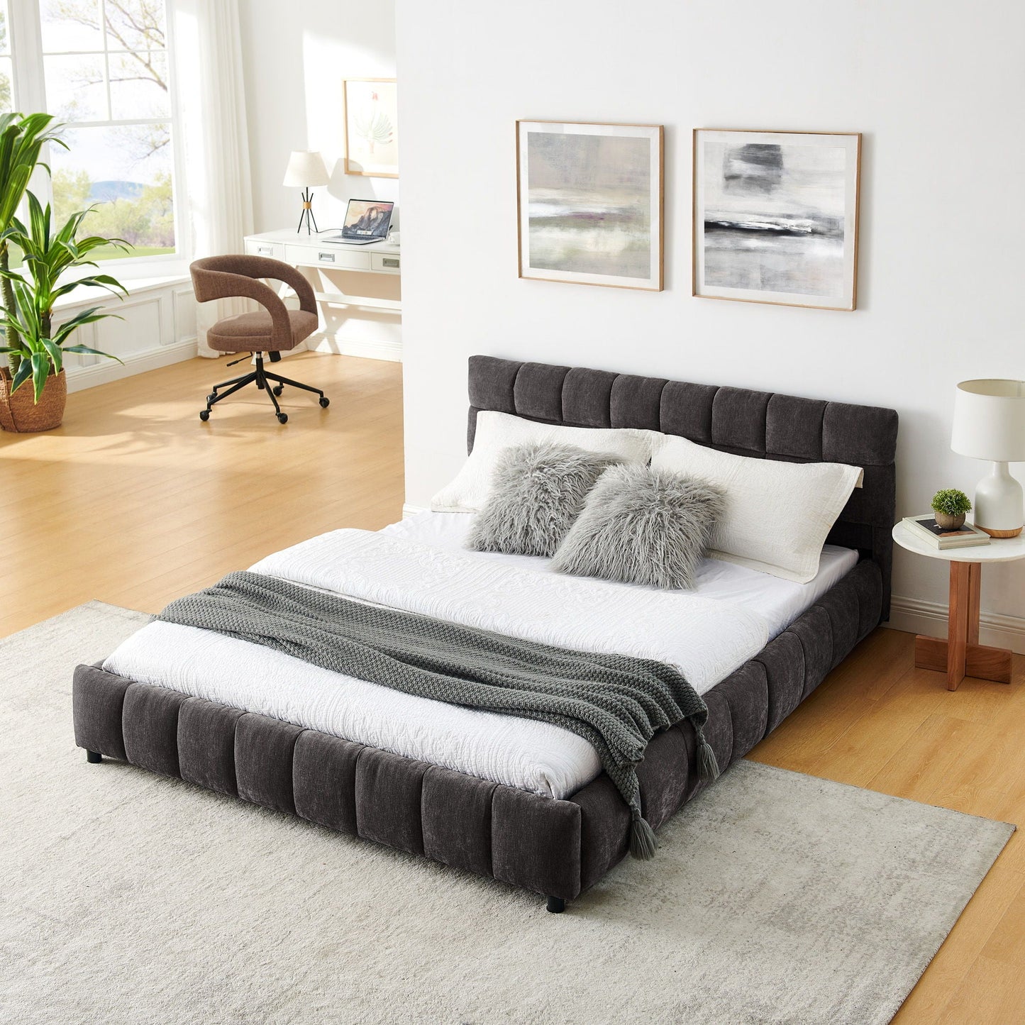 Modern Platform Bed Frame With Thick Chenille Fabric Home Essentials