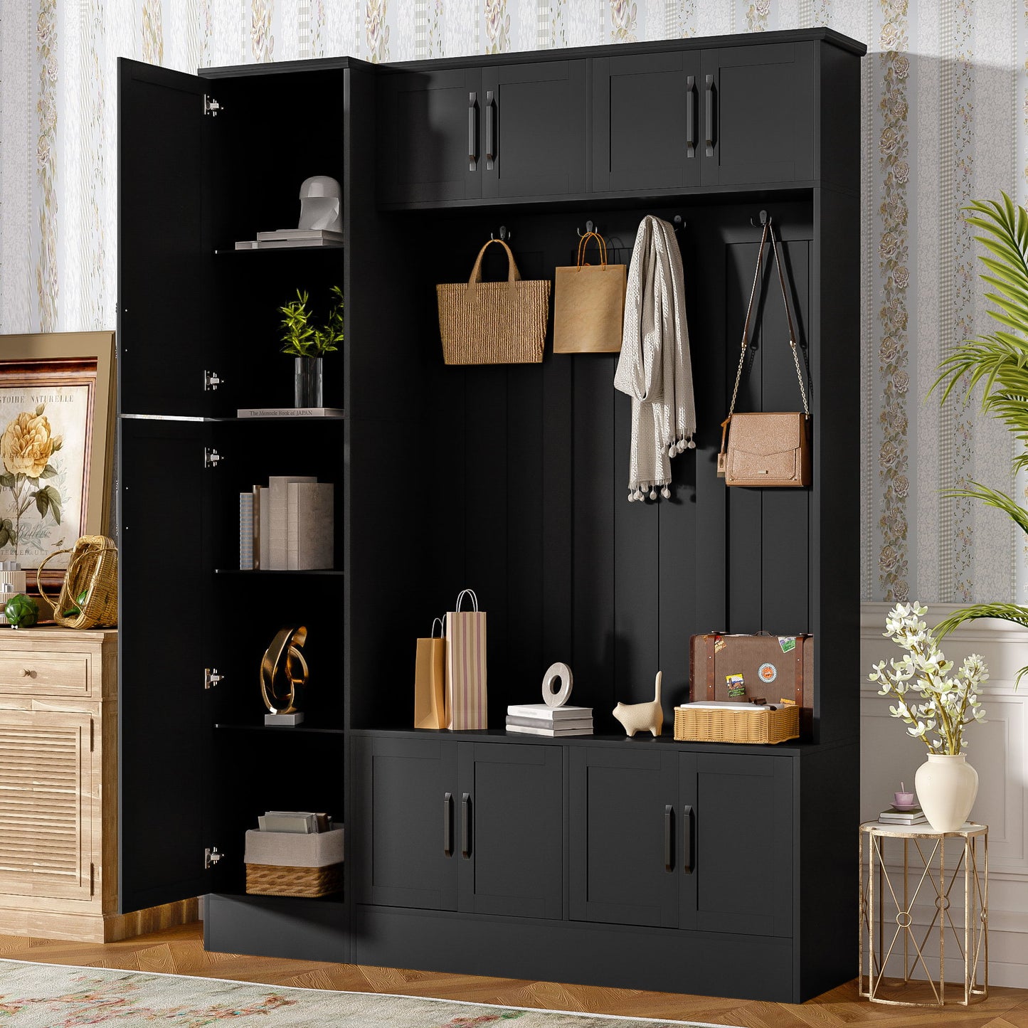 Tall Hall Tree With Shoe Storage, 4 In 1 Entryway Bench With 6 Cabinets, 4 Coat Hooks & Adjustable Shelf For Hallway - Black Hearth and Haven