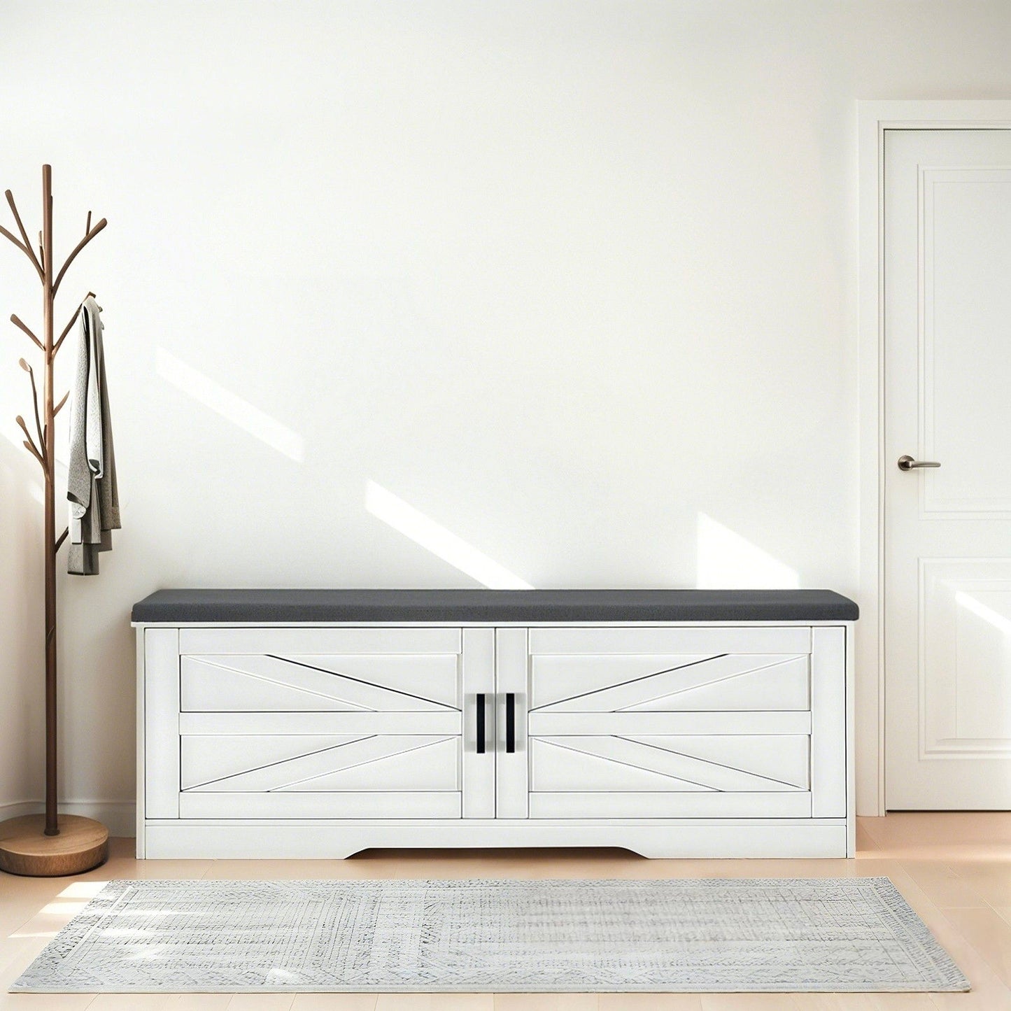 2 Tier Shoe Bench With Padded Seat, 2 Barn Doors And Adjustable Shelves, For Entryway And Living Room - White Daily Nest