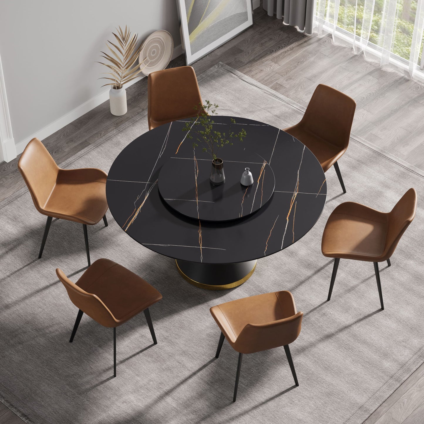Modern Artificial Stone Round Carbon Steel Base Dining Table, Can Accommodate 6 People Artificial Stone Turntable - Black Home Essentials