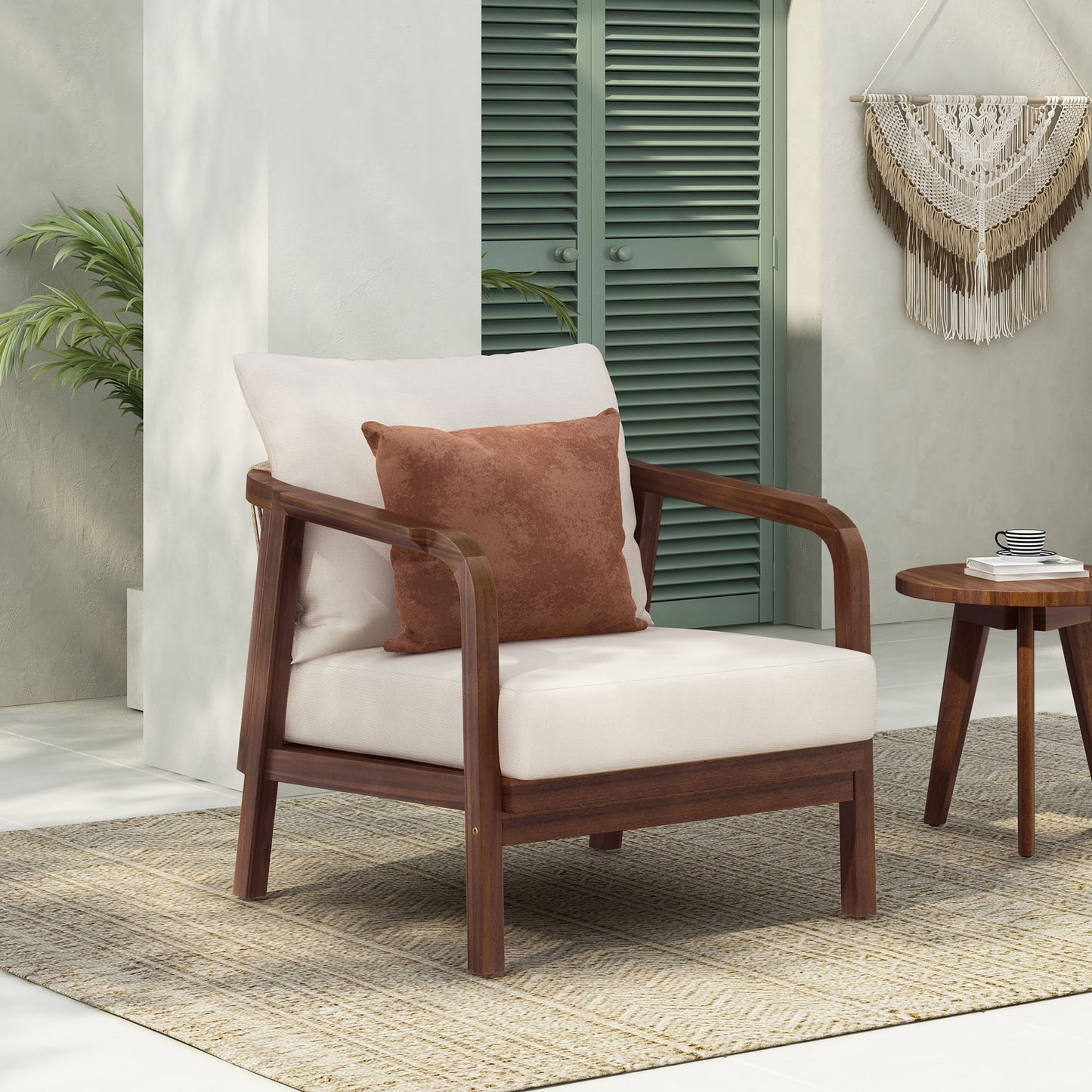 Outdoor Lounge Chair With Woven Backrest, Solid Wood Frame, Comfortable Cushions Noble House