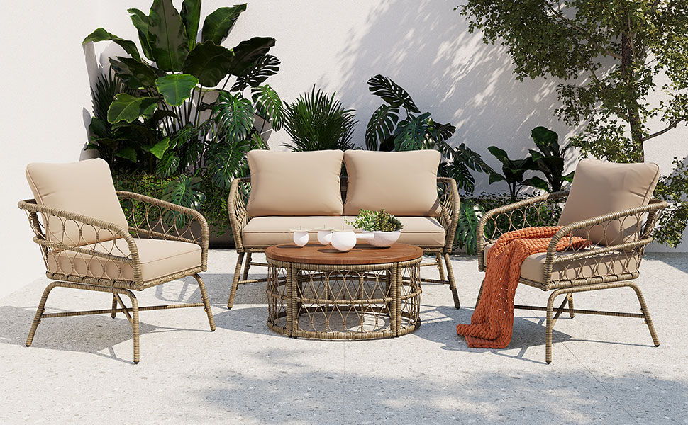 Bohemia-Inspired 4 Person Outdoor Seating Group With Removable Cushions, Conversation Patio Set With Wood Tabletop - Beige Hearth and Haven