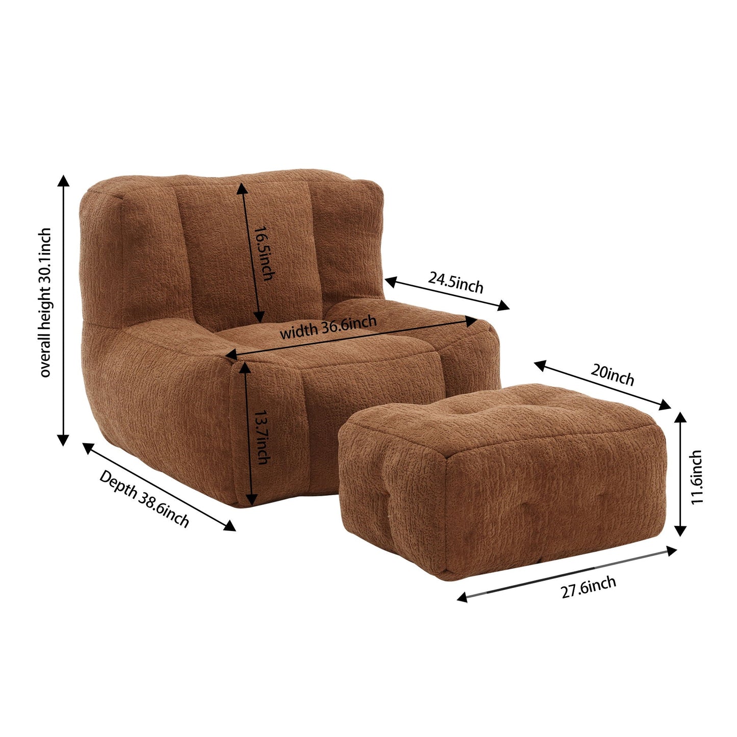 Modern Indoor Fluffy Bean Bag Chair With Memory Foam And Ottoman, Super Soft Home Essentials