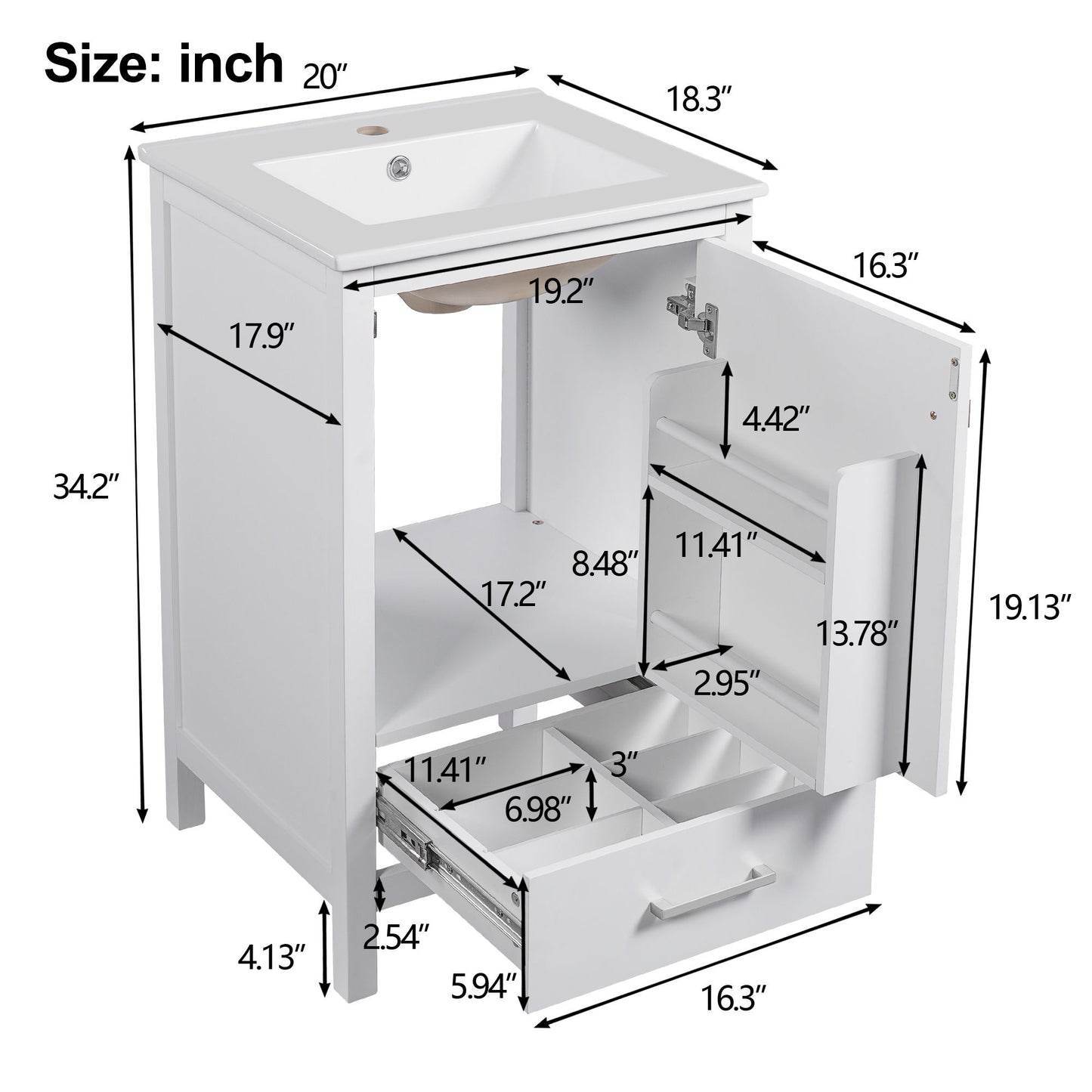 Bathroom Vanity With Ceramic Sink, Soft Close Drawers, Door Organizer, Divider Drawer, Adjustable Foot Pads Hearth and Haven