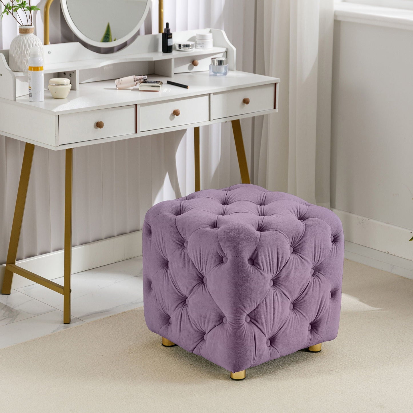Modern Velvet Upholstered Ottoman, Exquisite Small End Table, Soft Foot Stool, Dressing Makeup Chair, Comfortable Seat For Living Room, Bedroom, Entrance Home Essentials