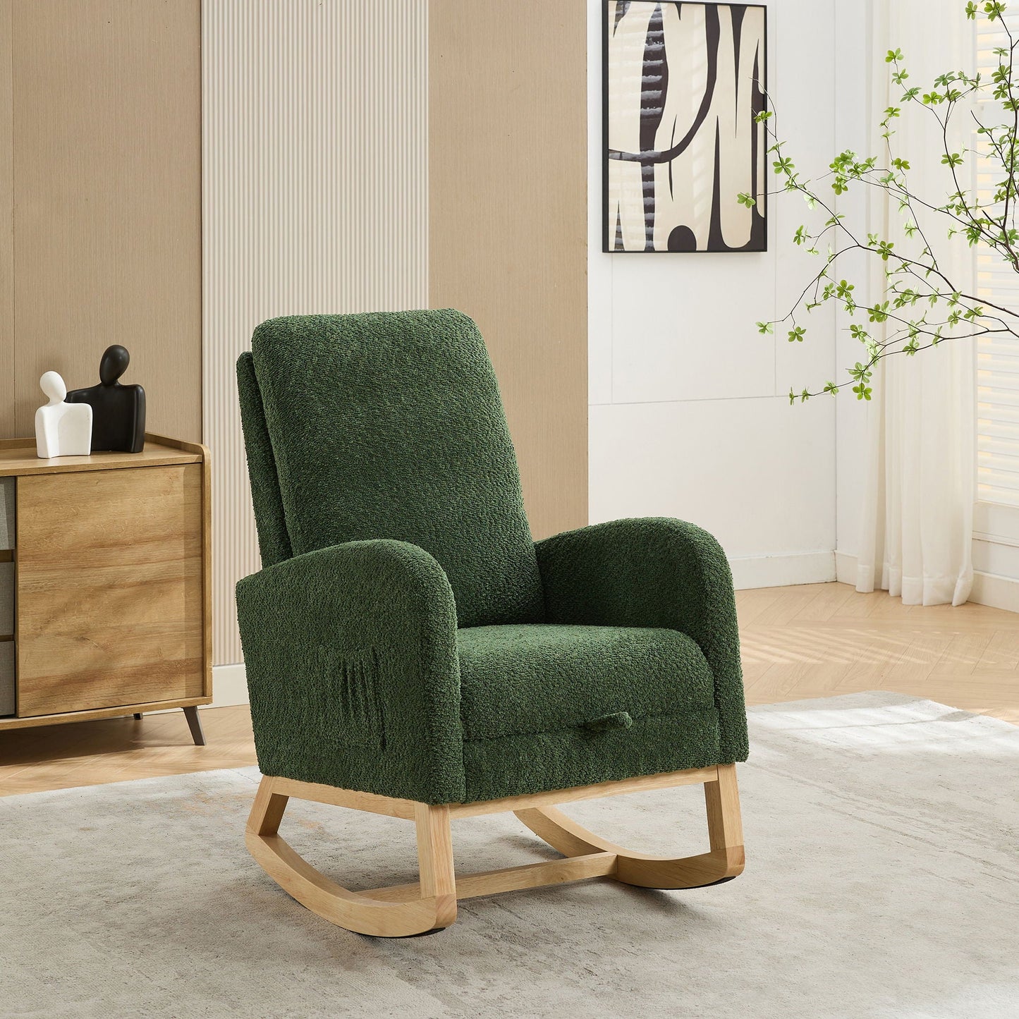 High Back Glider Rocking Chair With Retractable Footrest And Rubber Wood Legs Home Essentials