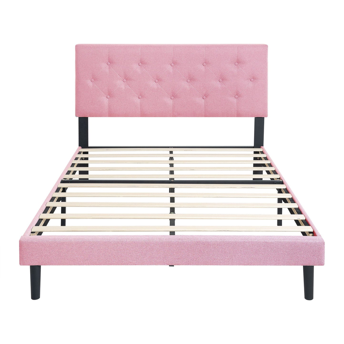 Modern Upholstered Platform Bed Frame With Button Tufted Linen Fabric Headboard Home Essentials