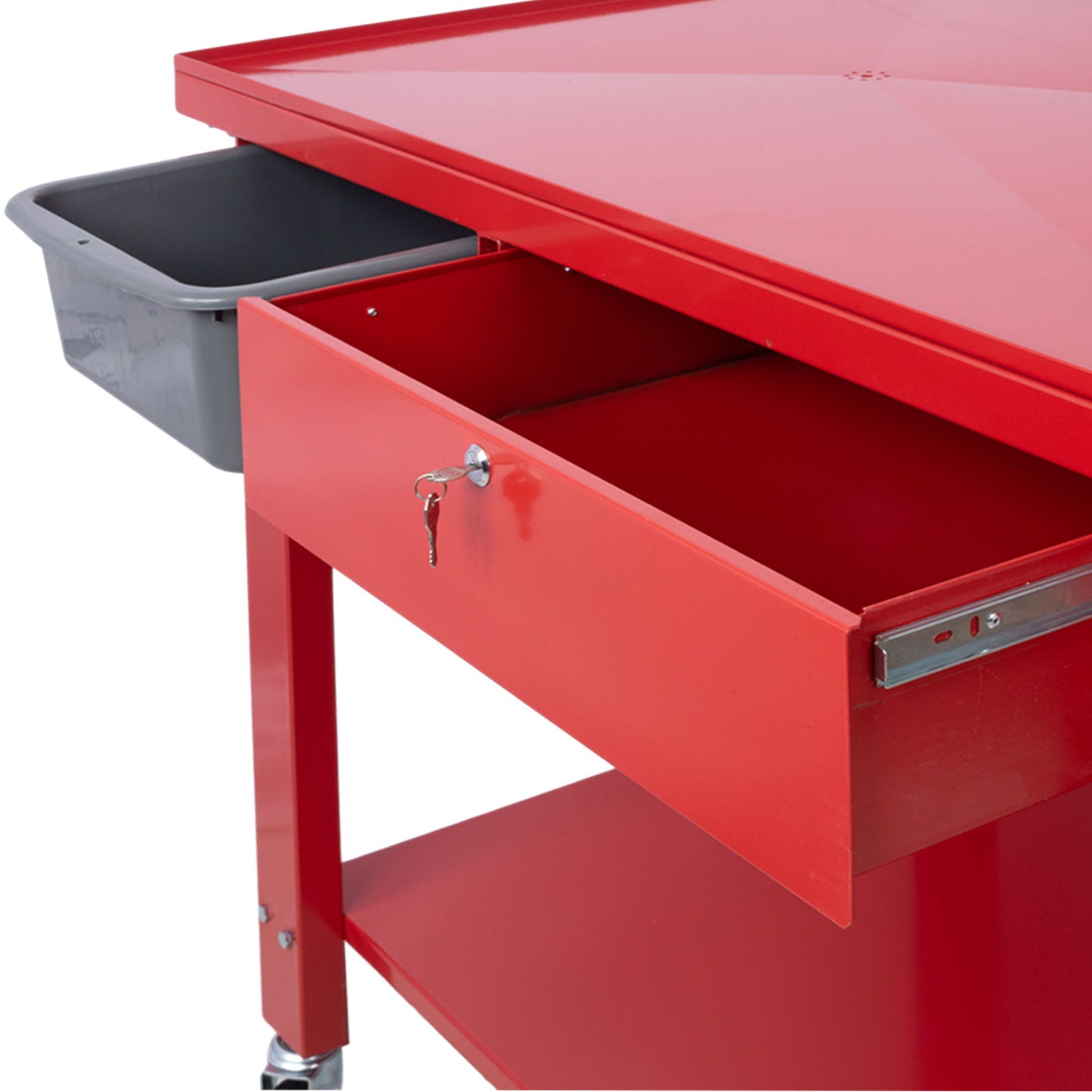 Transmission Teardown Work Station 1 / 2 Ton Capacity Sloping Drain Table Locking Drawer Removable Drain Basin Full-Width Lower Shelf Four 4" Caster Wheels Daily Nest