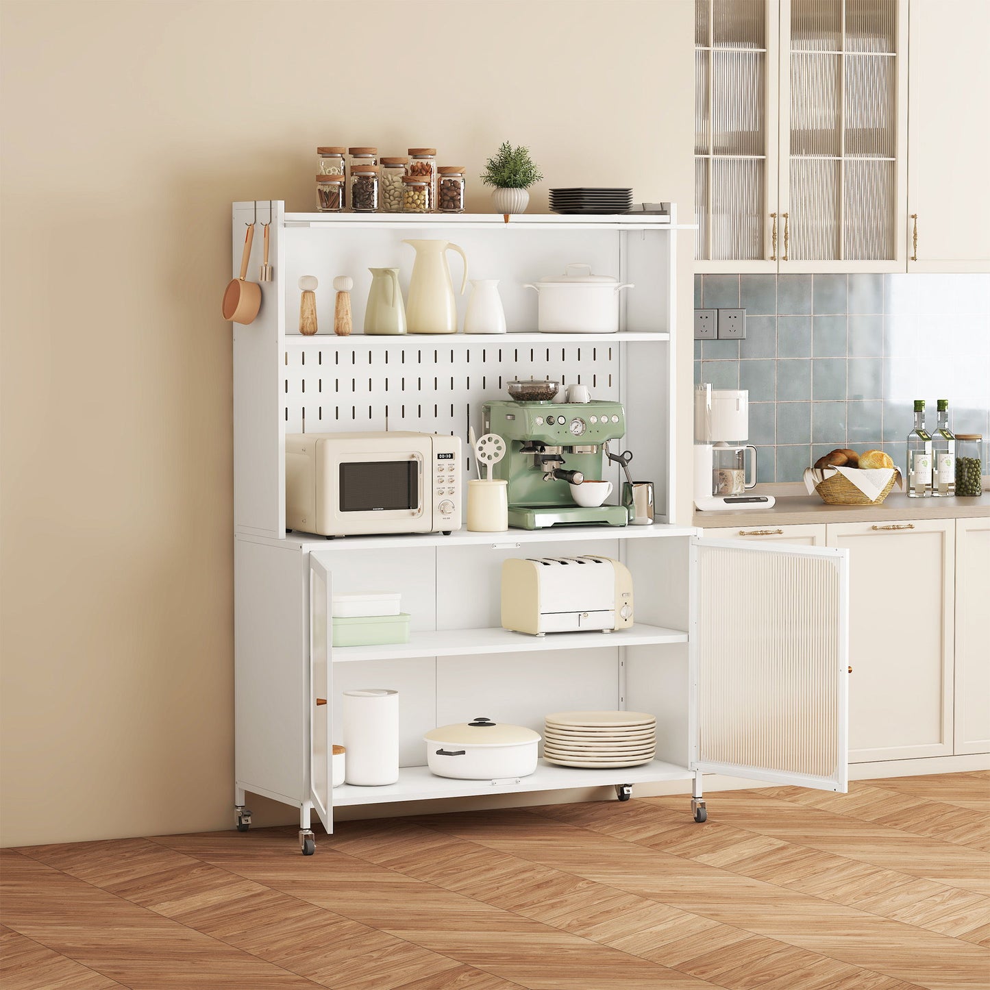 Contemporary Kitchen Pantry Cabinet With Glass Doors, Adjustable Shelves, Steel - Brushed Nickel Home Essentials