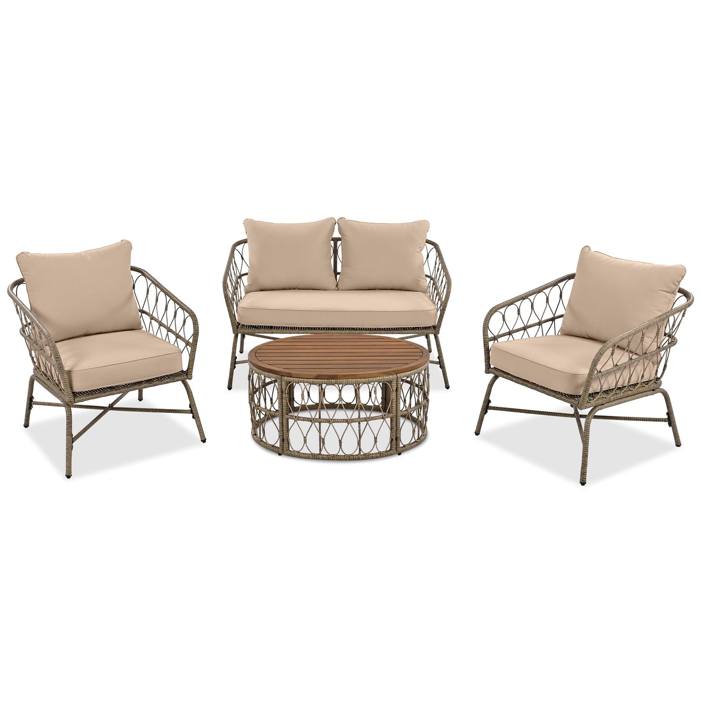 Bohemia-Inspired 4 Person Outdoor Seating Group With Removable Cushions, Conversation Patio Set With Wood Tabletop - Beige Hearth and Haven