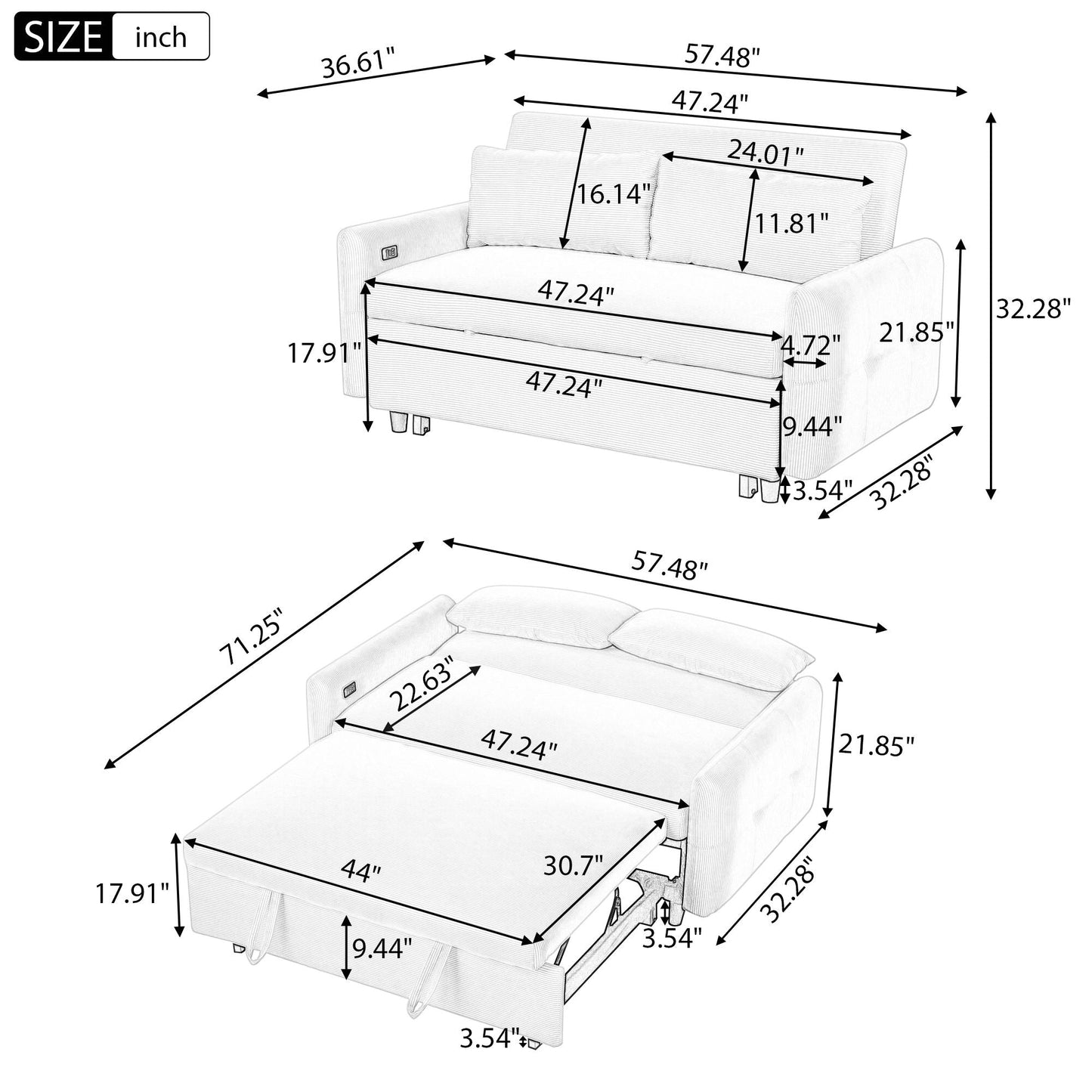 Pull-Out 2 Seat Modern Sleeper Sofa With 2 Throw Pillows And USB Ports Hearth and Haven