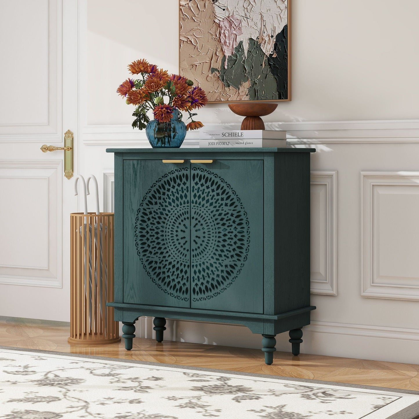 Hollow Carved 2 Door Accent Cabinet With Adjustable Shelf, Sideboard Buffet For Entryway, Living Room Or Bedroom - Blackish Green Home Essentials