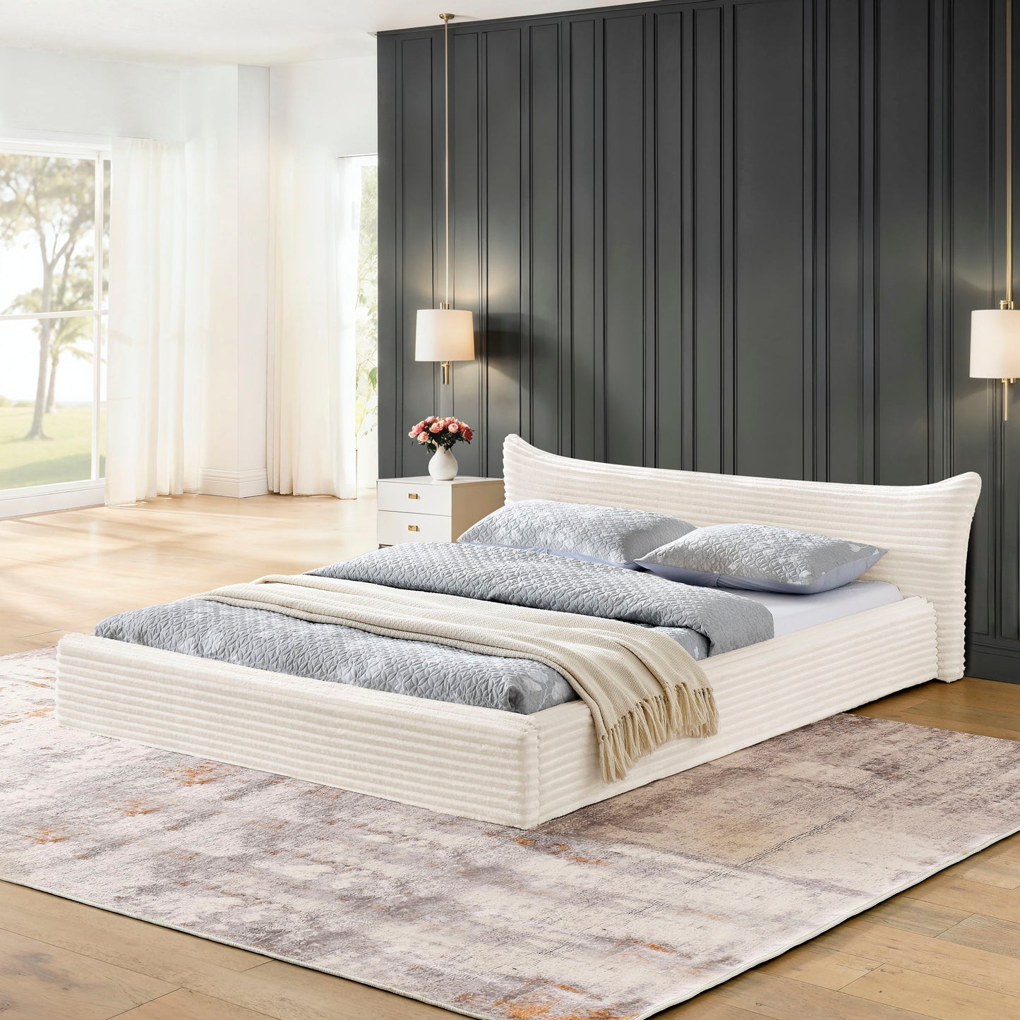 Modern Upholstered Bed Frame With Curved Headboard Home Essentials