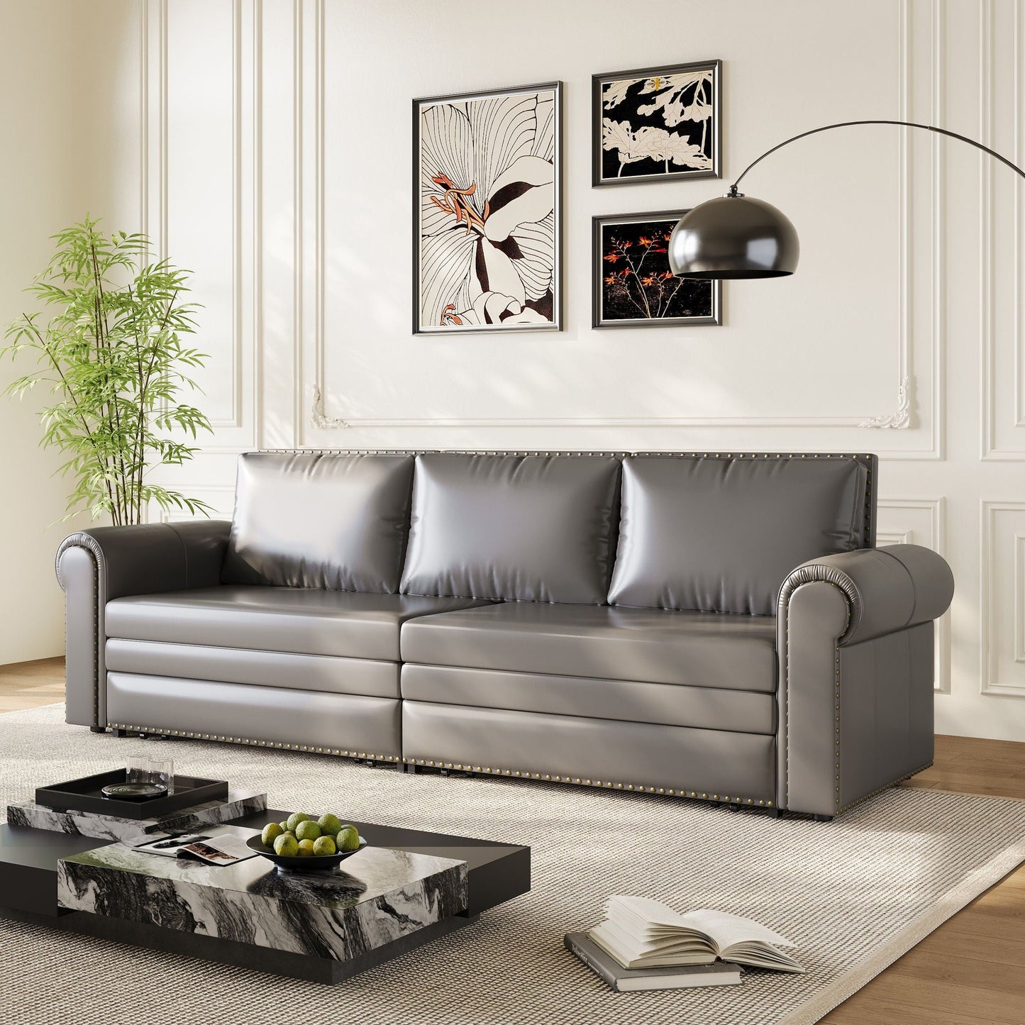3 In 1 Convertible Sleeper Sofa With Nailhead Trim & Rolled Arm Home Essentials