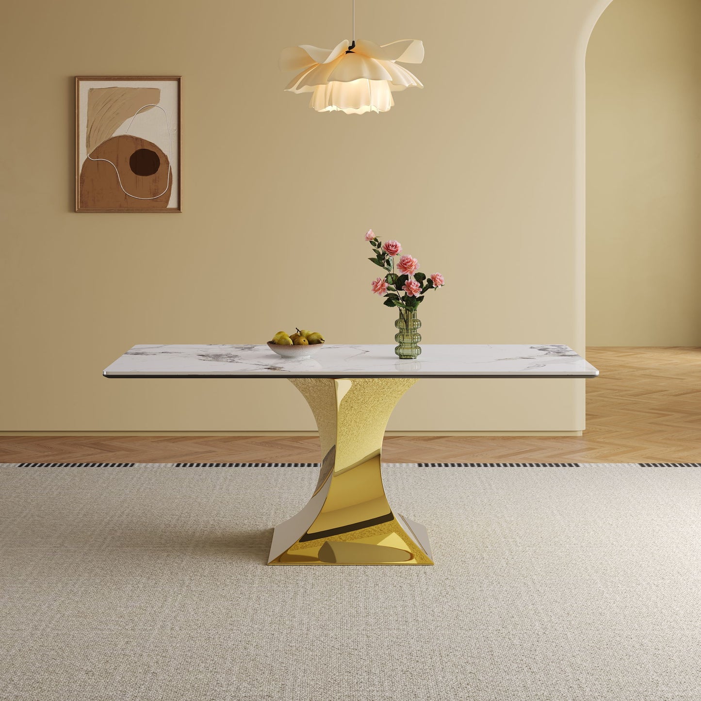 Modern Rectangular Dining Table For 6 - 8, Plated Hourglass Base Home Essentials