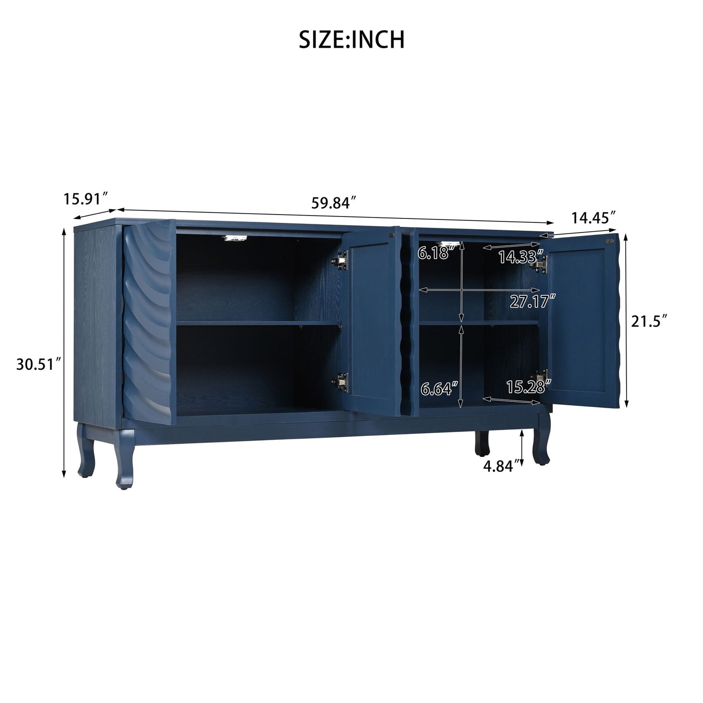Elegant Sideboard With Sophisticated Wavy Pattern Doors And Arched Groove Design, Adjustable 4 Door Layout Home Essentials