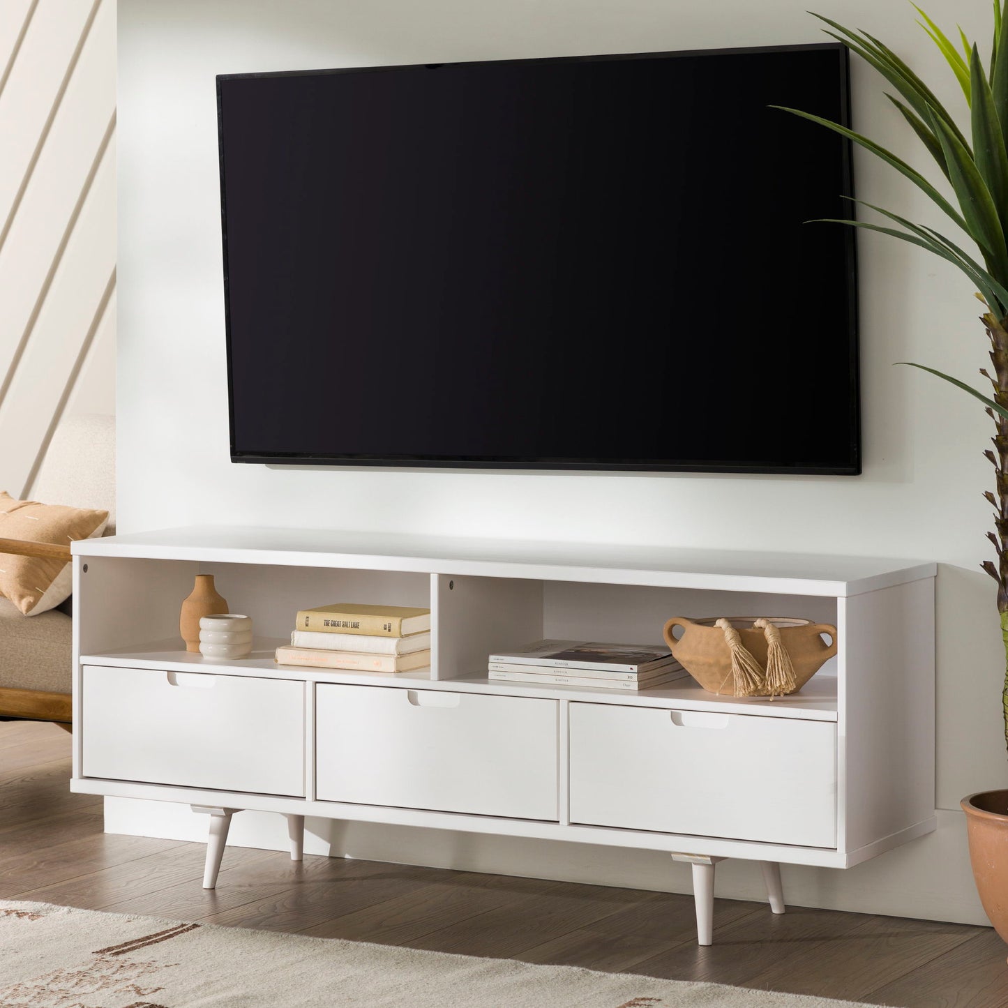 Mid-Century Modern Minimalist 3 Drawer Corner TV Stand For TVs Up To 58 Walker Edison