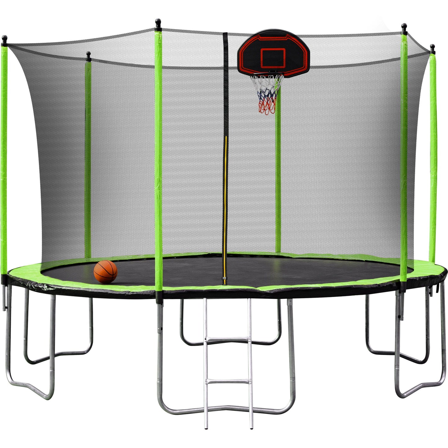 14Ft Trampoline With Basketball Hoop Inflator And Ladder (Inner Safety Enclosure) - Green Daily Nest
