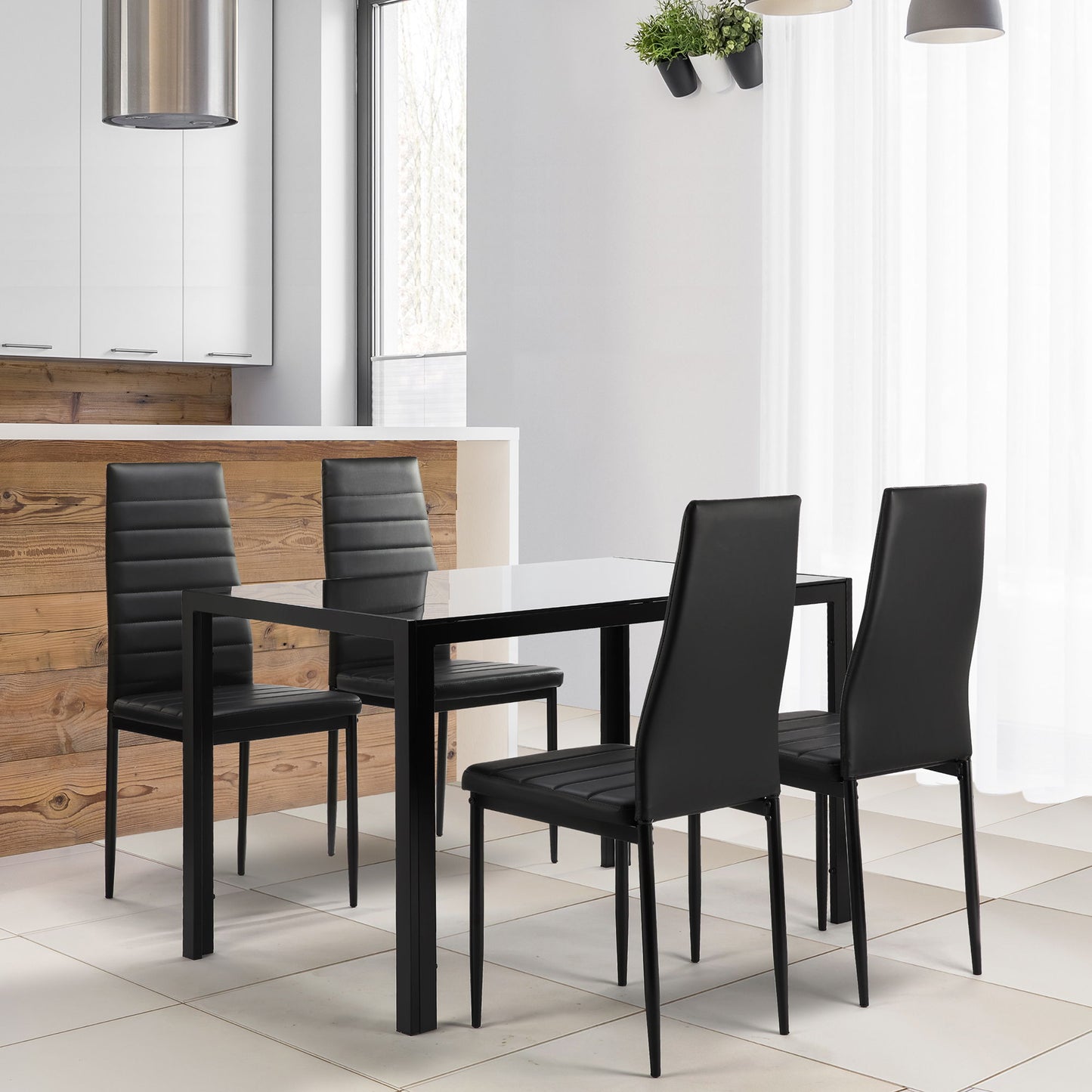 5 Pieces Dining Table Set For 4, Kitchen Room Tempered Glass Dining Table, 4 Faux Leather Chairs - Black Home Essentials