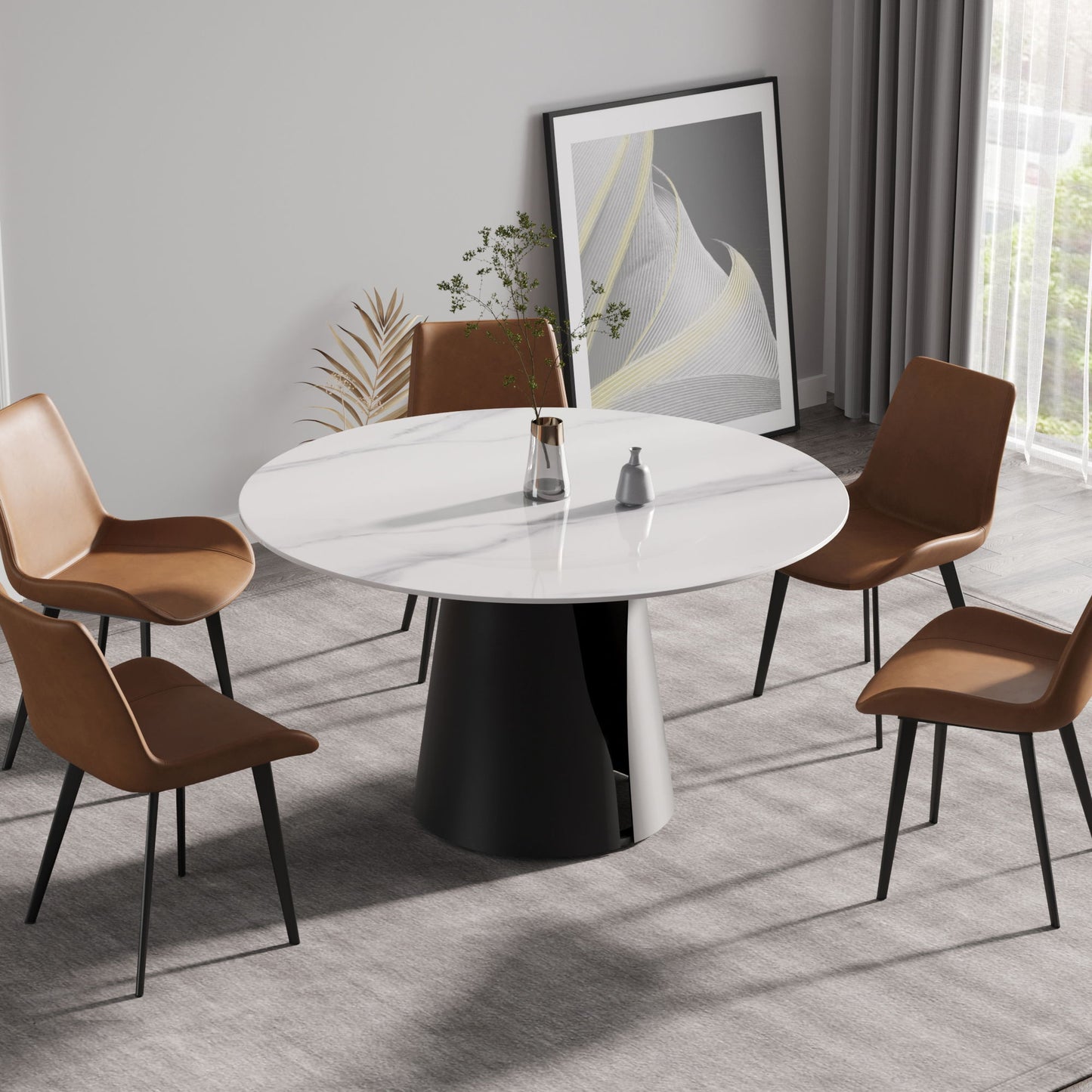 53.15" Modern Artificial Stone Round Carbon Steel Base Dining Table, Can Accommodate 6 People - White / Black Home Essentials