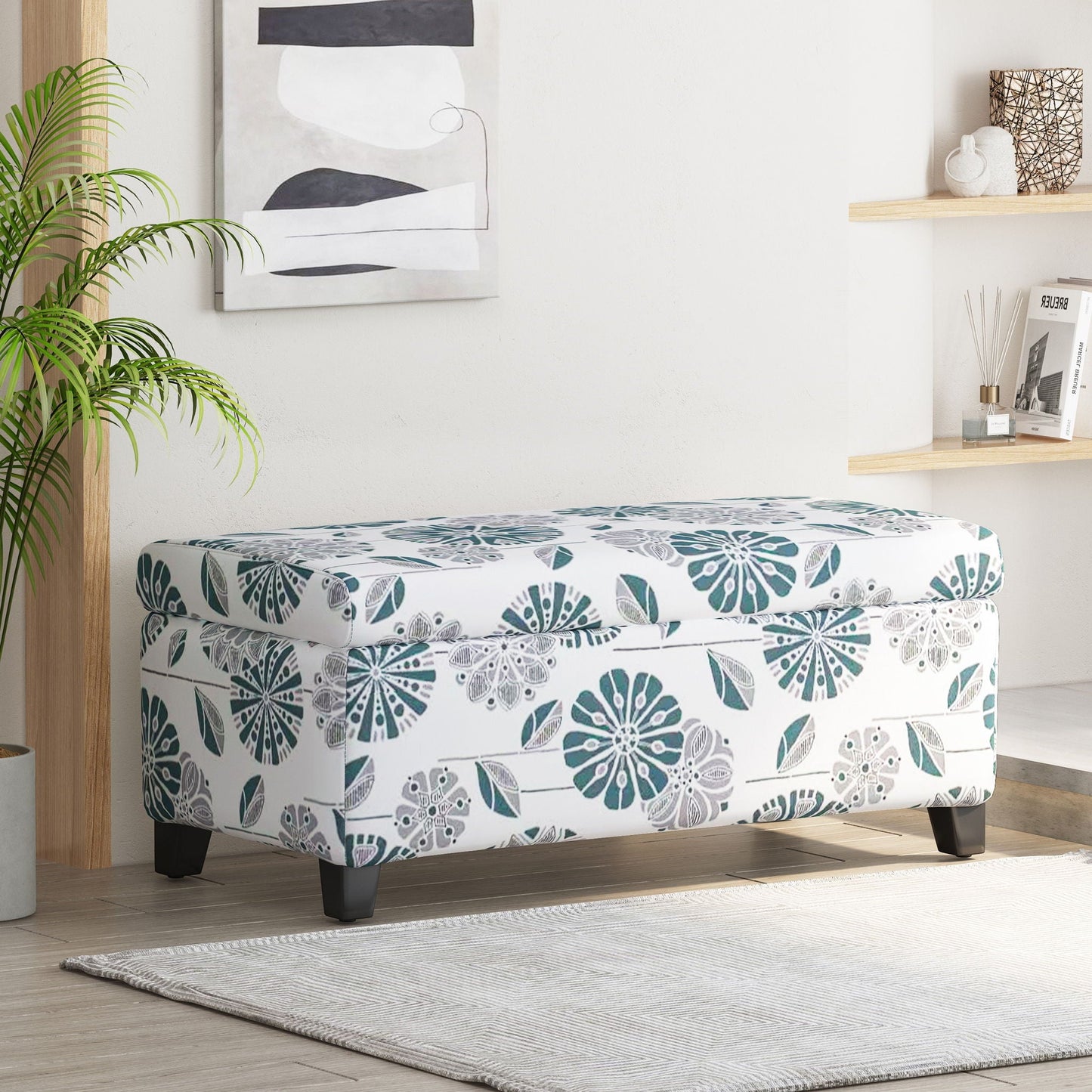 Luxury Storage Ottoman With Floral Patterned Fabric, Soft-Close Hinges, Multi Functional Noble House